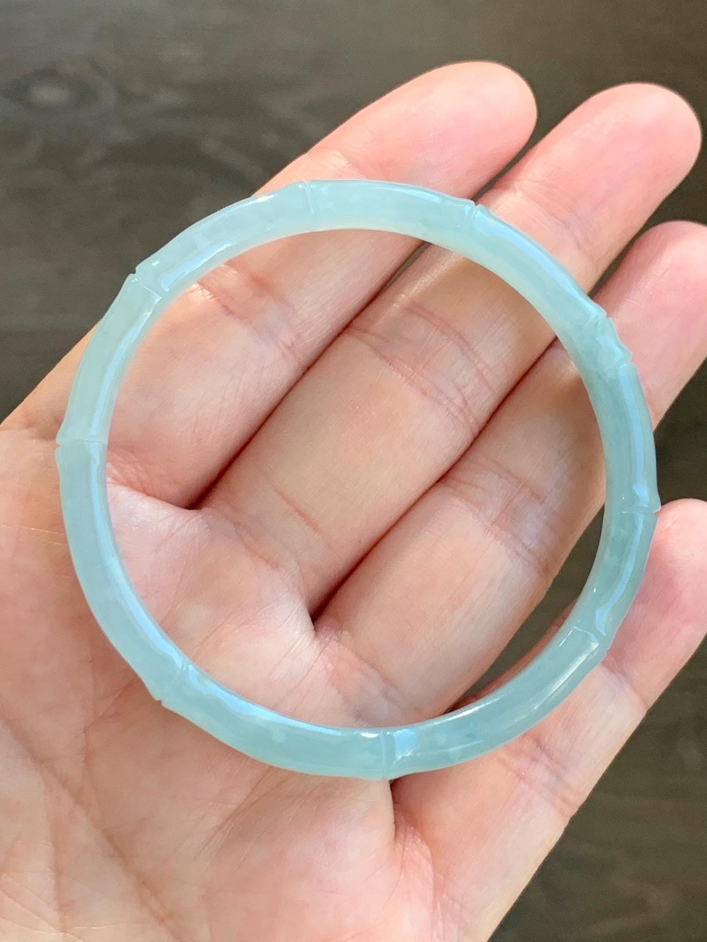 Certified Natural Guatemalan Icy Translucent Gelatinous Pastel Teal Blue Jadeite Carved Bamboo Bangle 50.98mm 12.7g 天然冰胶危淡蓝底翡翠竹节手镯 1147