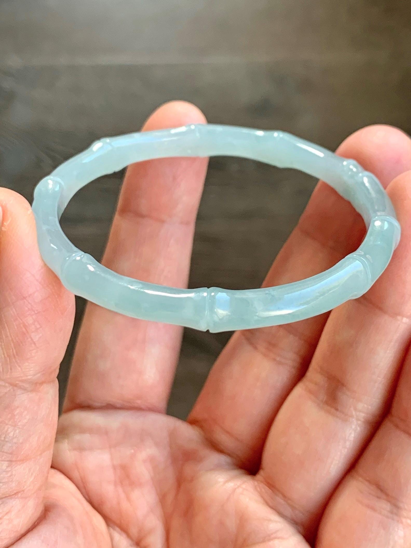 Certified Natural Guatemalan Icy Translucent Gelatinous Pastel Teal Blue Jadeite Carved Bamboo Bangle 50.98mm 12.7g 天然冰胶危淡蓝底翡翠竹节手镯 1147