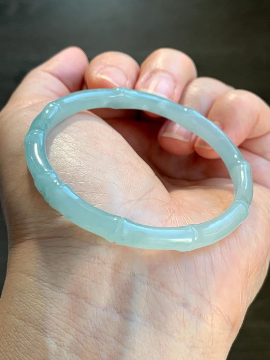 Certified Natural Guatemalan Icy Translucent Gelatinous Pastel Teal Blue Jadeite Carved Bamboo Bangle 50.98mm 12.7g 天然冰胶危淡蓝底翡翠竹节手镯 1147