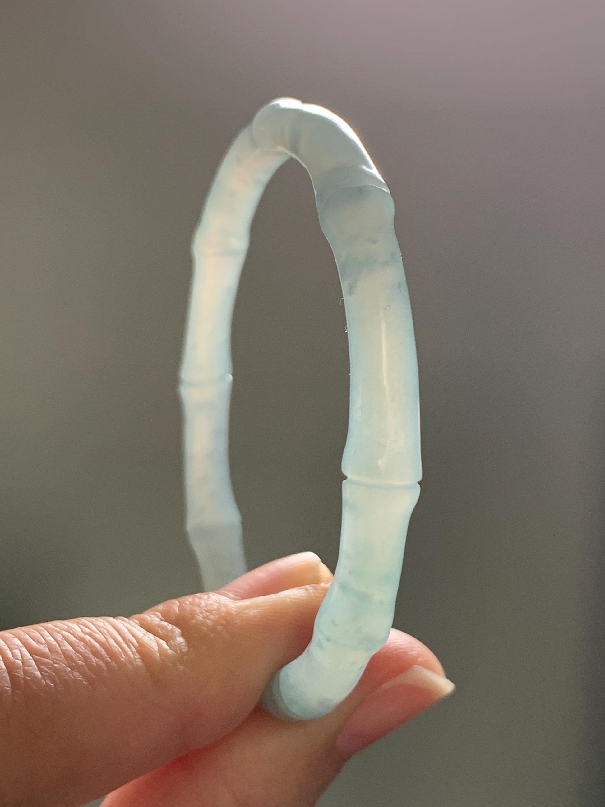 Certified Natural Guatemalan Icy Translucent Gelatinous Pastel Teal Blue Jadeite Carved Bamboo Bangle 50.98mm 12.7g 天然冰胶危淡蓝底翡翠竹节手镯 1147
