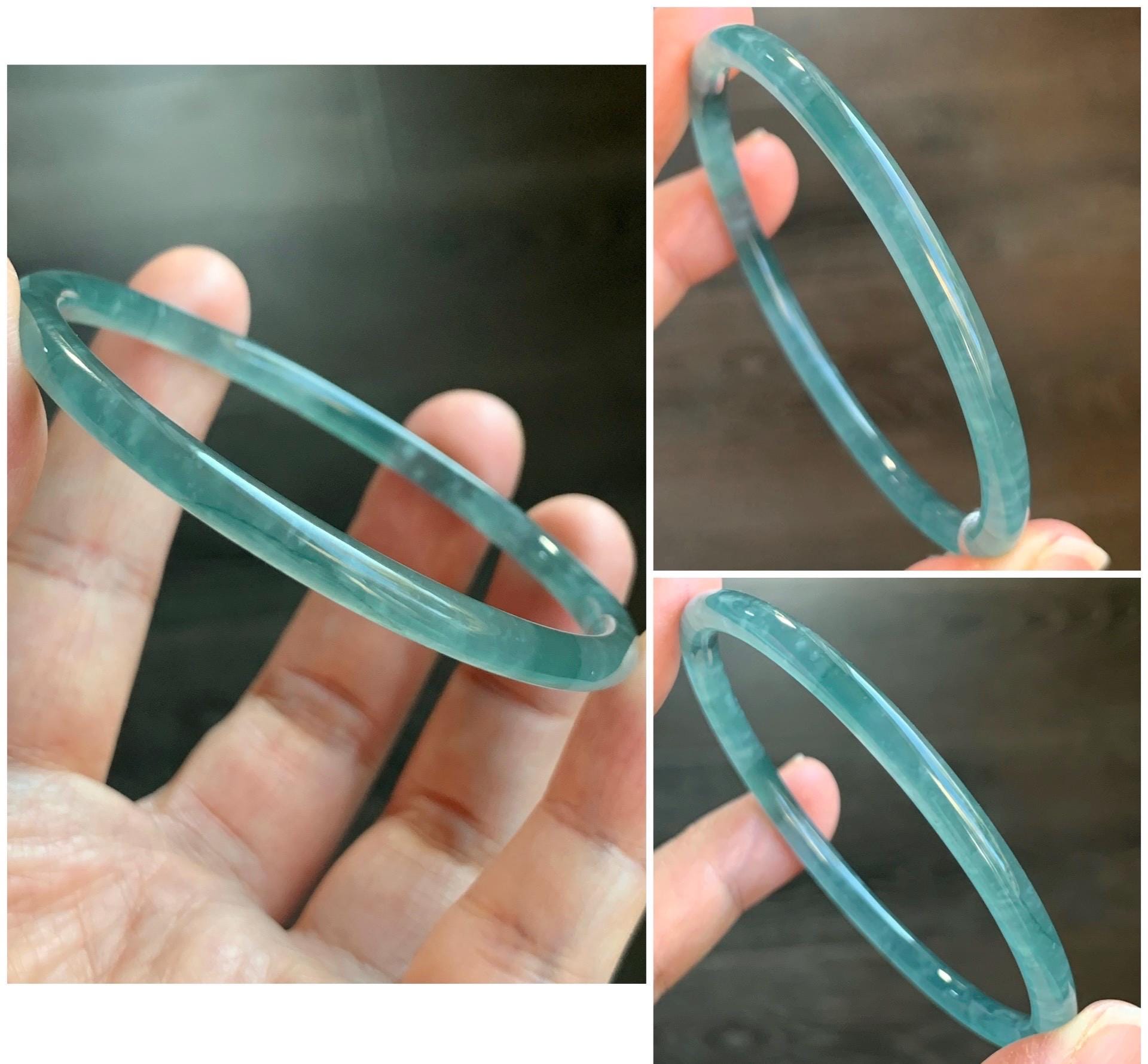 Certified Natural Guatemalan Icy Highly Translucent Gelatinous Teal Blue Jadeite Slim Bangle Bracelet 57.68mm 11.81g 天然老种冰胶危蓝翡翠细圆条手镯 1137