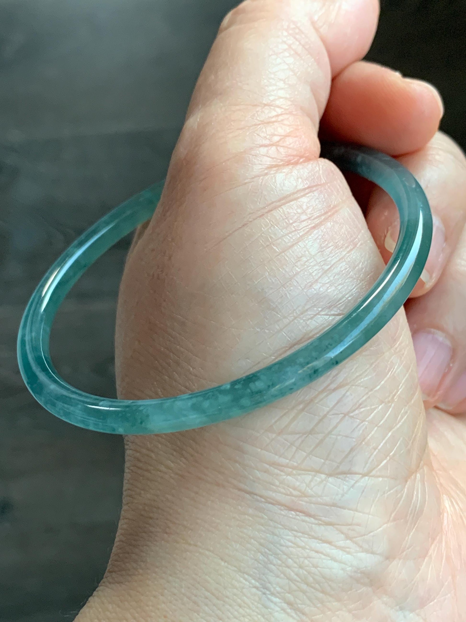 Certified Natural Guatemalan Icy Highly Translucent Gelatinous Teal Blue Jadeite Slim Bangle Bracelet 57.68mm 11.81g 天然老种冰胶危蓝翡翠细圆条手镯 1137
