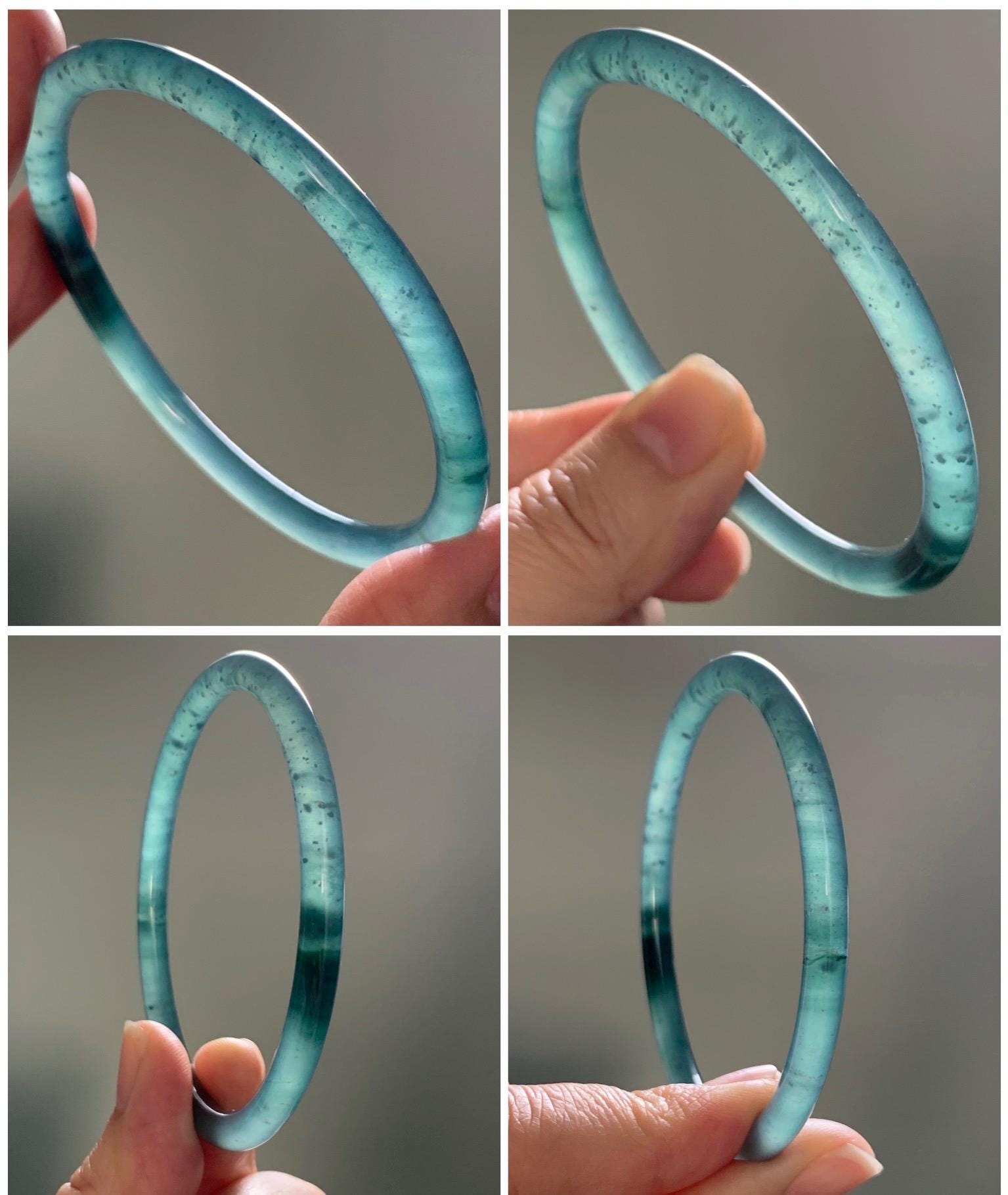 Certified Natural Guatemalan Icy Highly Translucent Gelatinous Dark Teal Blue Jadeite Slim Bangle 59.7mm 15.38g 天然老种冰胶危蓝翡翠细圆条手镯 1139
