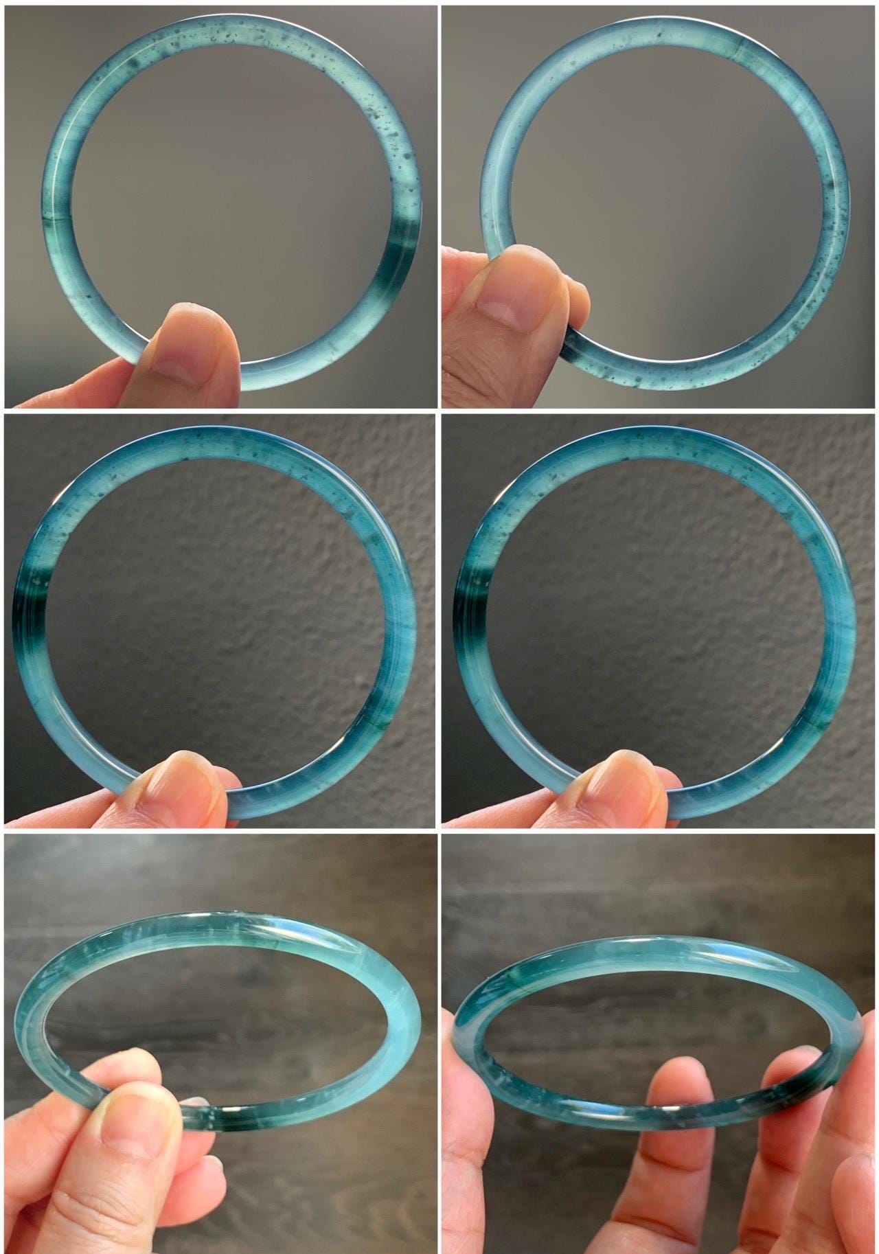Certified Natural Guatemalan Icy Highly Translucent Gelatinous Dark Teal Blue Jadeite Slim Bangle 59.7mm 15.38g 天然老种冰胶危蓝翡翠细圆条手镯 1139