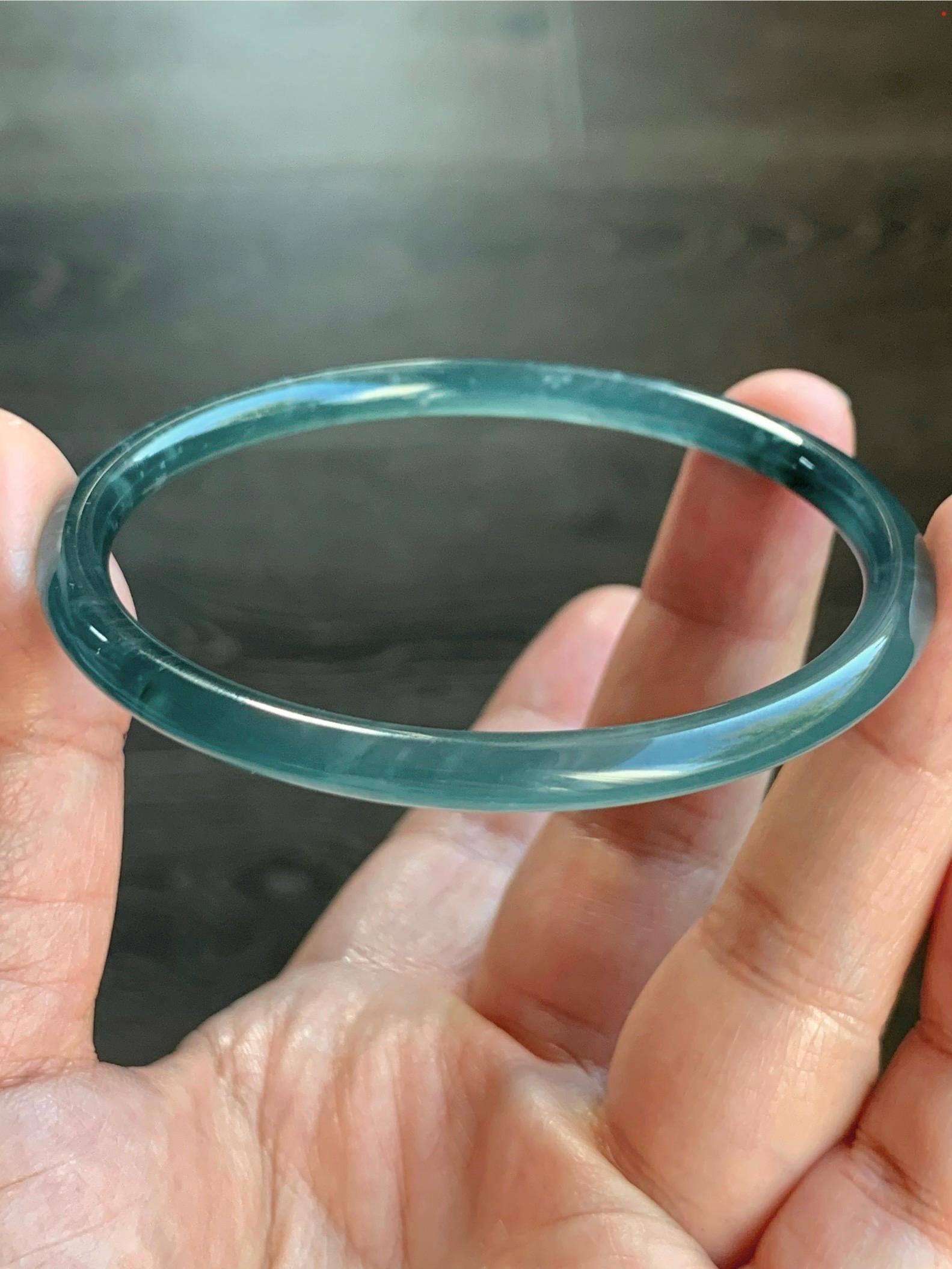 Certified Natural Guatemalan Icy Highly Translucent Gelatinous Dark Teal Blue Jadeite Slim Bangle 59.7mm 15.38g 天然老种冰胶危蓝翡翠细圆条手镯 1139