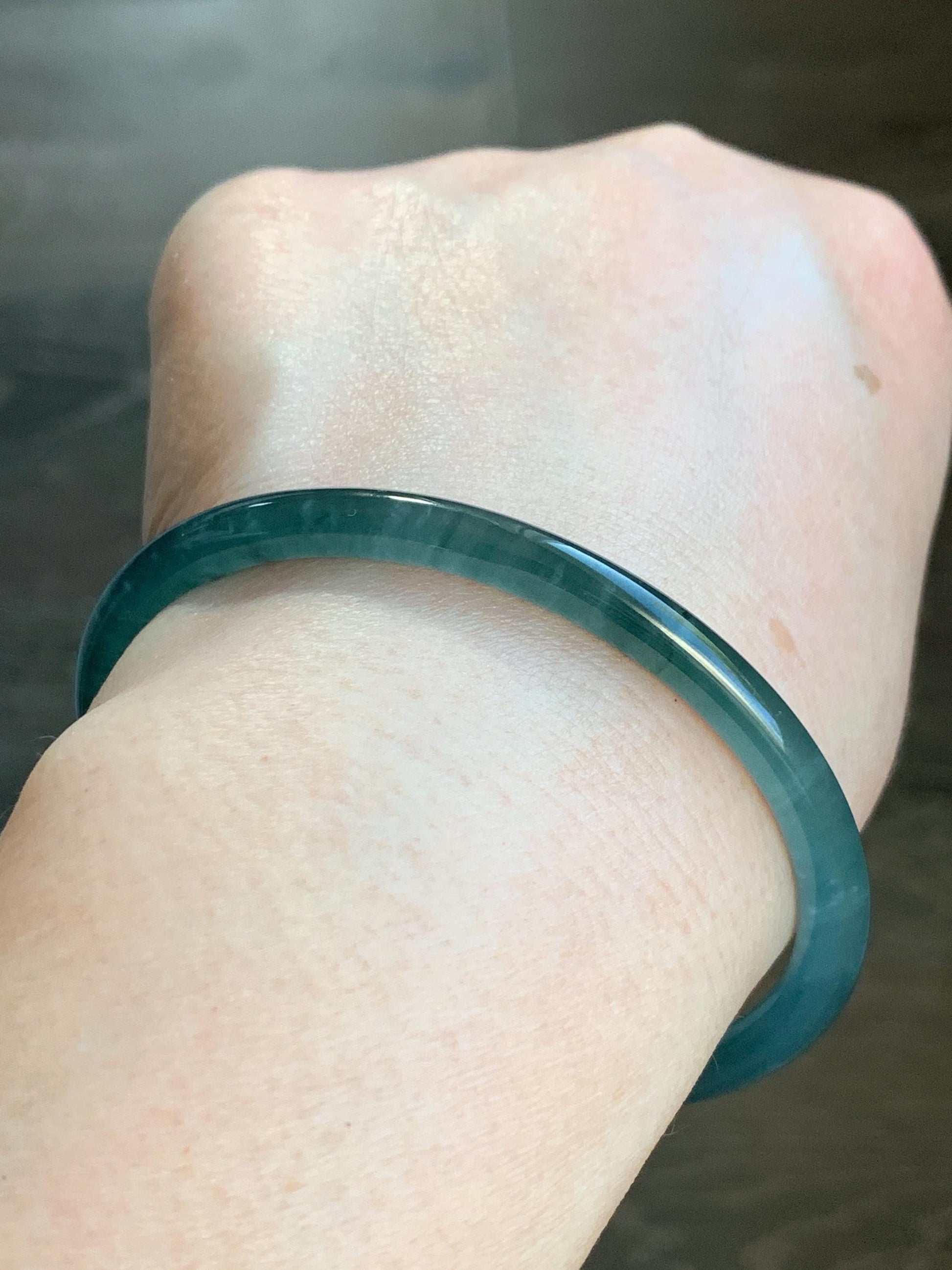 Certified Natural Guatemalan Icy Highly Translucent Gelatinous Dark Teal Blue Jadeite Slim Bangle 59.7mm 15.38g 天然老种冰胶危蓝翡翠细圆条手镯 1139