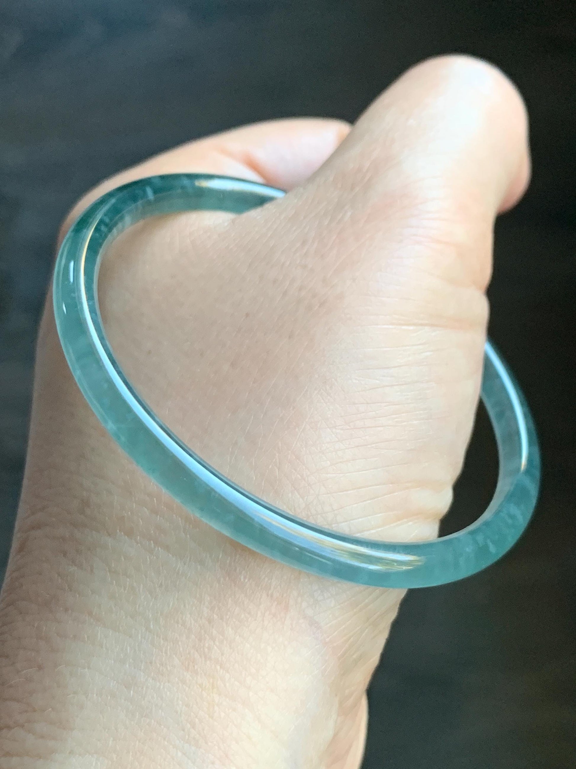 Certified Natural Guatemalan Icy Highly Translucent Gelatinous Teal Blue Jadeite Slim Bangle 54.54mm 11.75g 天然老种冰胶危蓝翡翠细圆条手镯 1136