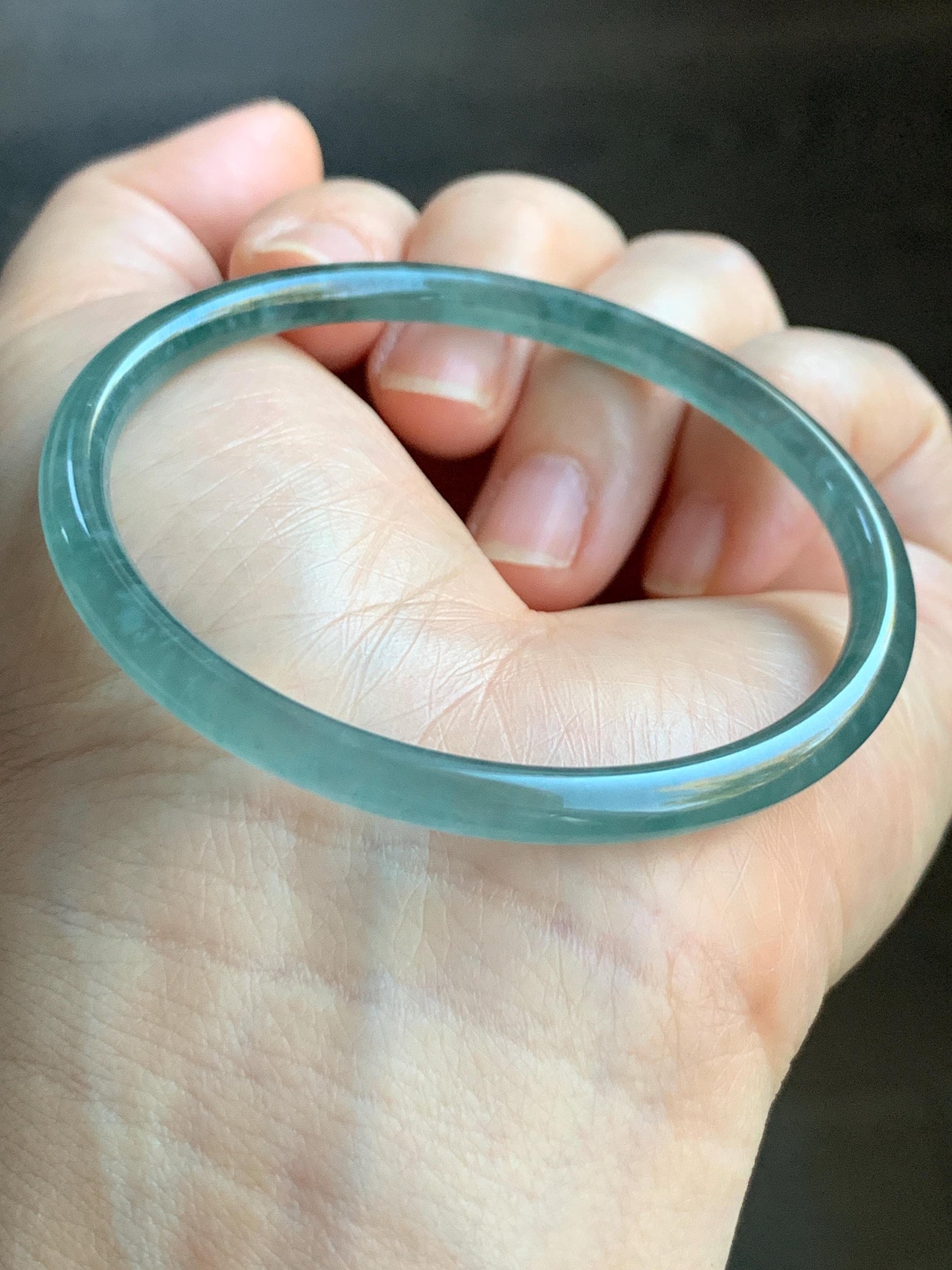 Certified Natural Guatemalan Icy Highly Translucent Gelatinous Teal Blue Jadeite Slim Bangle 54.54mm 11.75g 天然老种冰胶危蓝翡翠细圆条手镯 1136