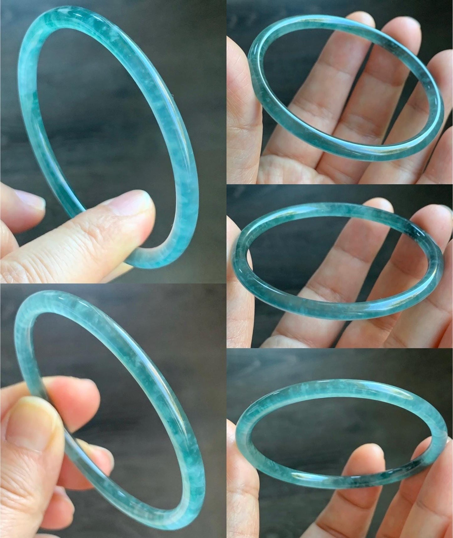 Certified Natural Guatemalan Icy Highly Translucent Gelatinous Teal Blue Jadeite Slim Bangle 54.45mm 10.94g 天然老种冰胶危蓝翡翠细圆条手镯 1138