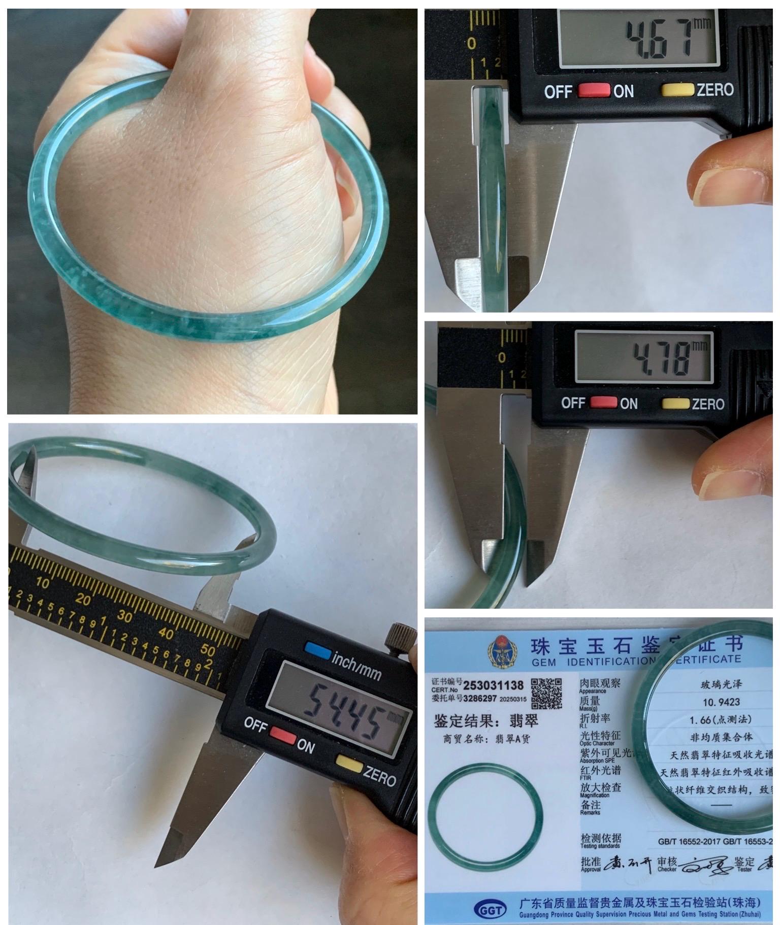 Certified Natural Guatemalan Icy Highly Translucent Gelatinous Teal Blue Jadeite Slim Bangle 54.45mm 10.94g 天然老种冰胶危蓝翡翠细圆条手镯 1138