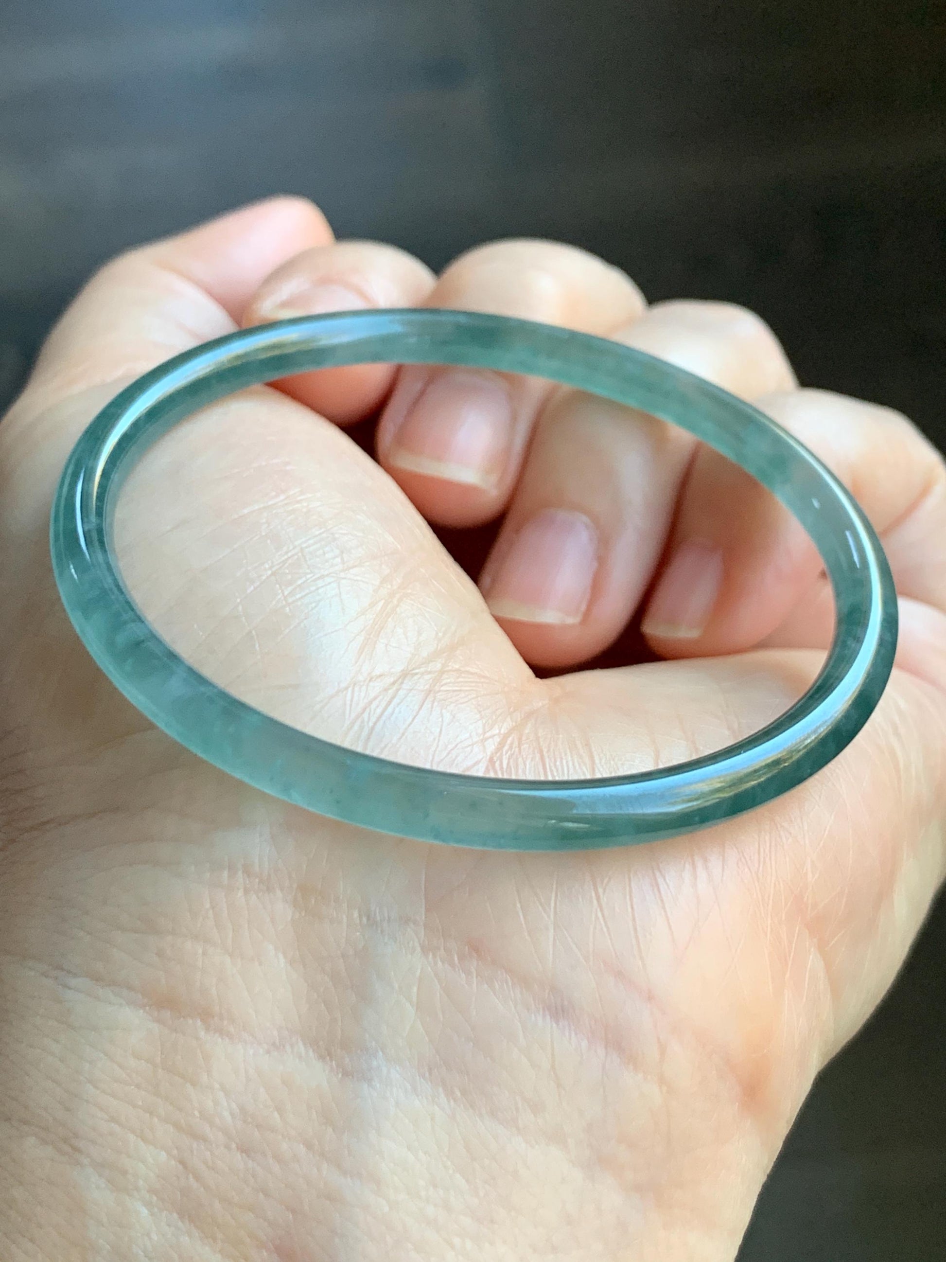 Certified Natural Guatemalan Icy Highly Translucent Gelatinous Teal Blue Jadeite Slim Bangle 54.45mm 10.94g 天然老种冰胶危蓝翡翠细圆条手镯 1138