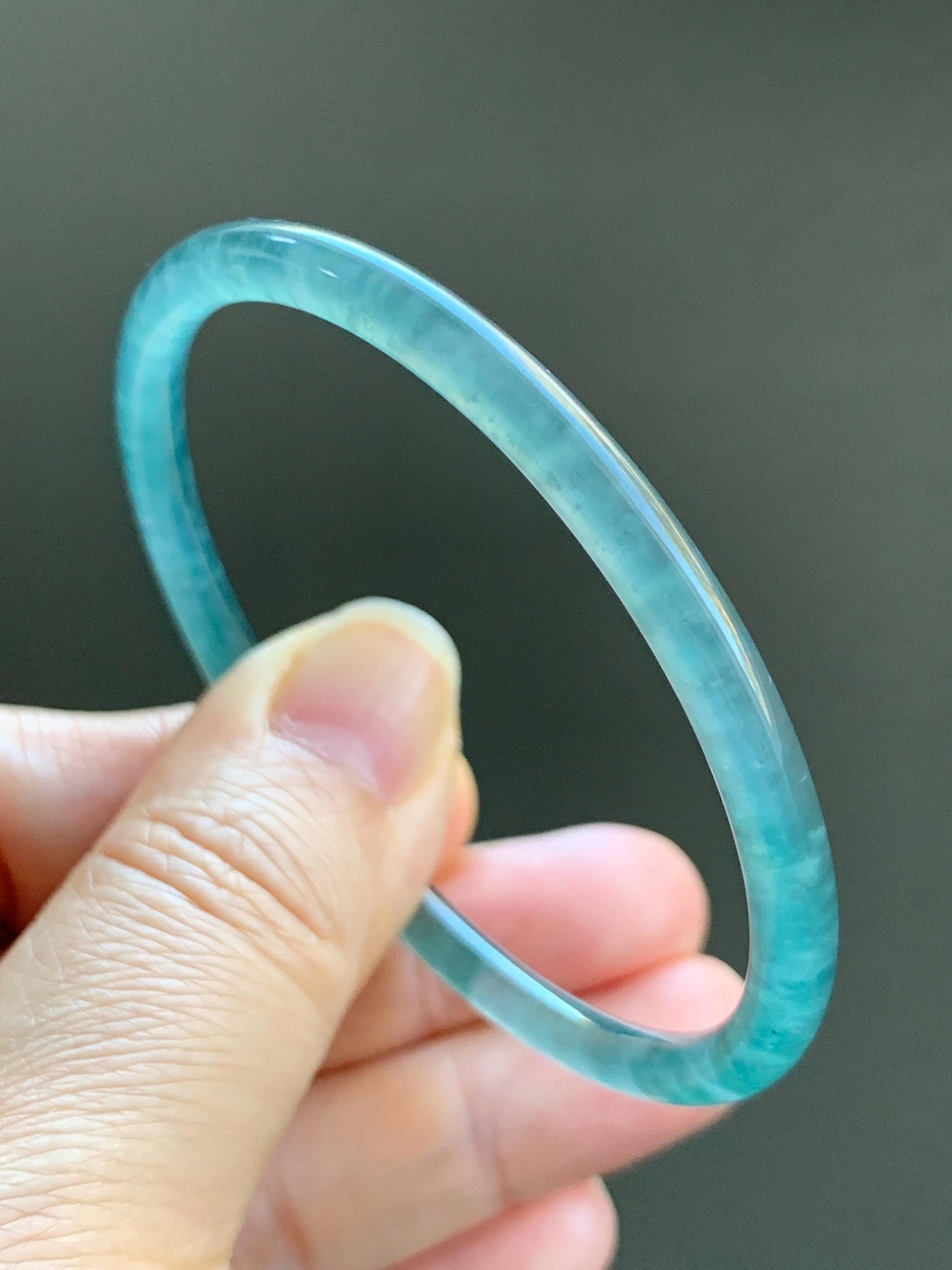 Certified Natural Guatemalan Icy Highly Translucent Gelatinous Teal Blue Jadeite Slim Bangle 54.45mm 10.94g 天然老种冰胶危蓝翡翠细圆条手镯 1138