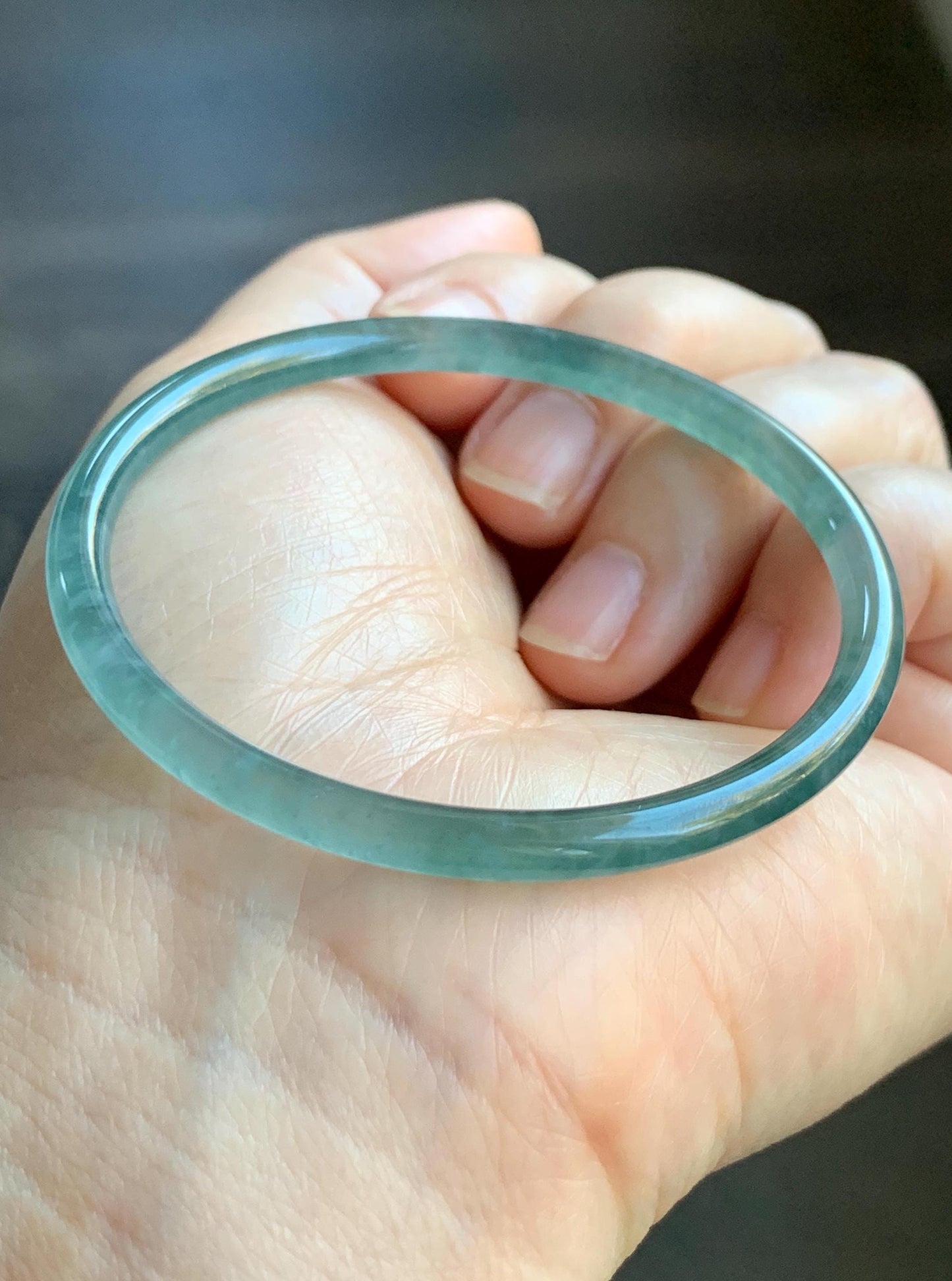 Certified Natural Guatemalan Icy Highly Translucent Gelatinous Teal Blue Jadeite Slim Bangle 54.45mm 10.94g 天然老种冰胶危蓝翡翠细圆条手镯 1138