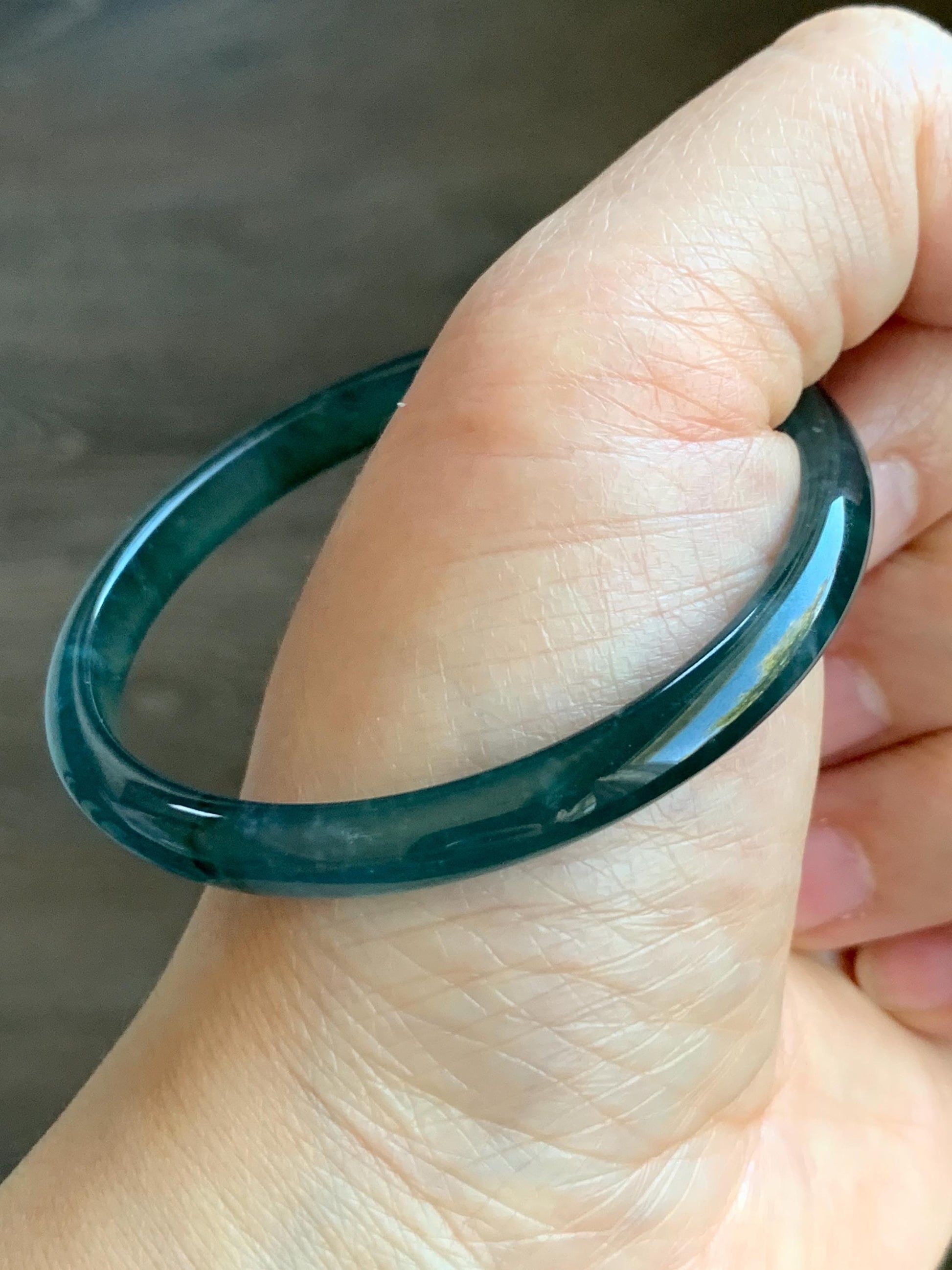 Certified Natural Guatemalan Icy Highly Translucent Gelatinous Dark Teal Blue Jadeite Slim Bangle 52.83mm 14.18g 天然老种冰胶危深蓝翡翠细条手镯 1132
