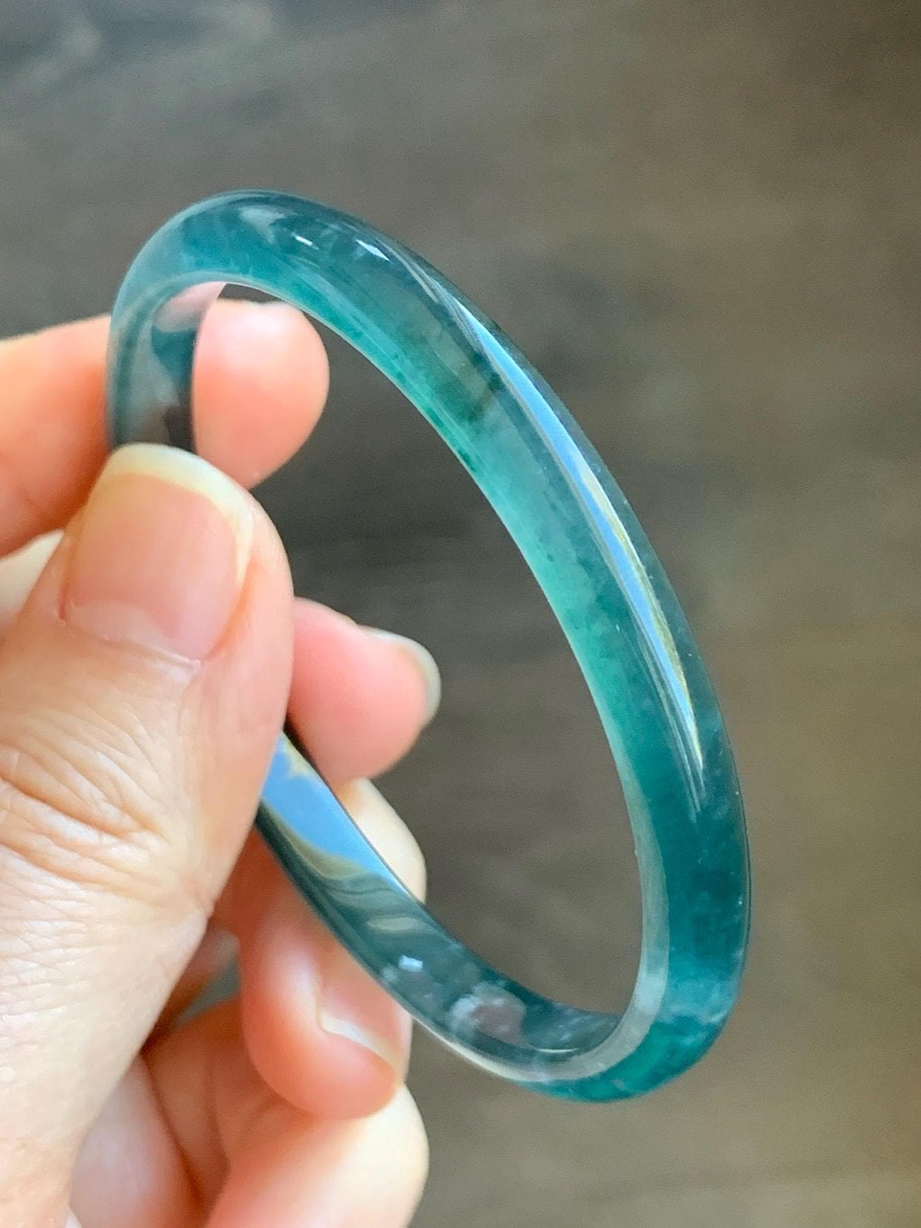 Certified Natural Guatemalan Icy Highly Translucent Gelatinous Dark Teal Blue Jadeite Slim Bangle 52.83mm 14.18g 天然老种冰胶危深蓝翡翠细条手镯 1132