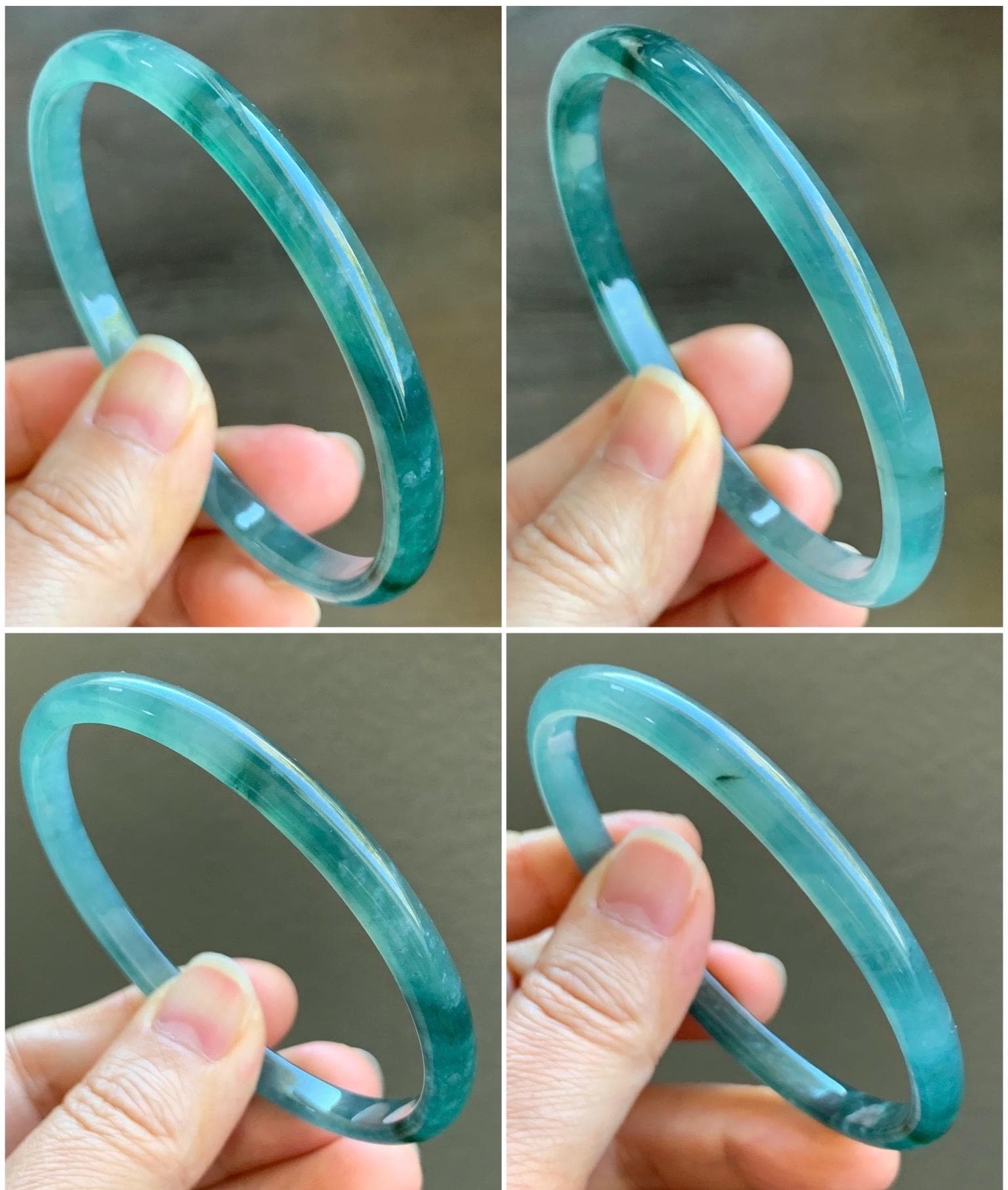Certified Natural Grade A Guatemalan Icy Highly Translucent Gelatinous Teal Blue Jadeite Slim Bangle 61mm 16.59g 天然老种冰胶危蓝飘花翡翠细条手镯 1131