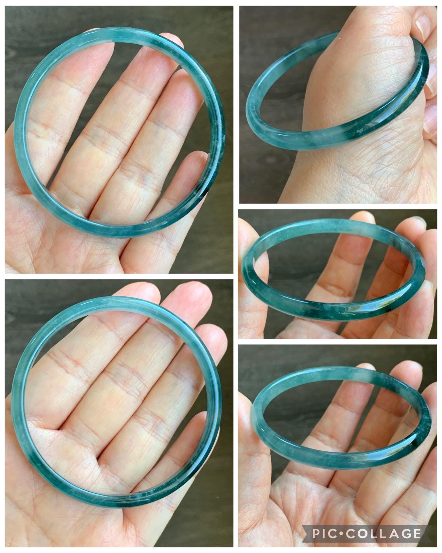 Certified Natural Grade A Guatemalan Icy Highly Translucent Gelatinous Teal Blue Jadeite Slim Bangle 61mm 16.59g 天然老种冰胶危蓝飘花翡翠细条手镯 1131