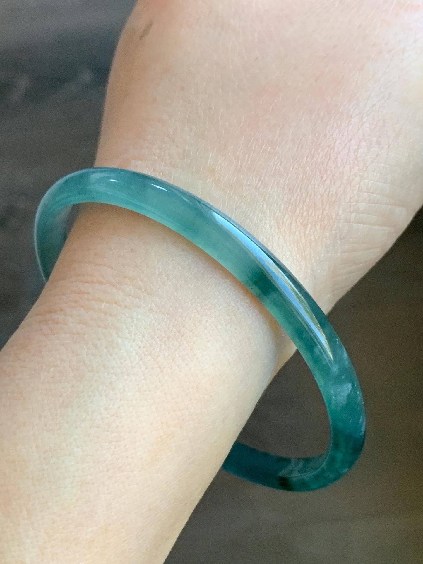 Certified Natural Grade A Guatemalan Icy Highly Translucent Gelatinous Teal Blue Jadeite Slim Bangle 61mm 16.59g 天然老种冰胶危蓝飘花翡翠细条手镯 1131