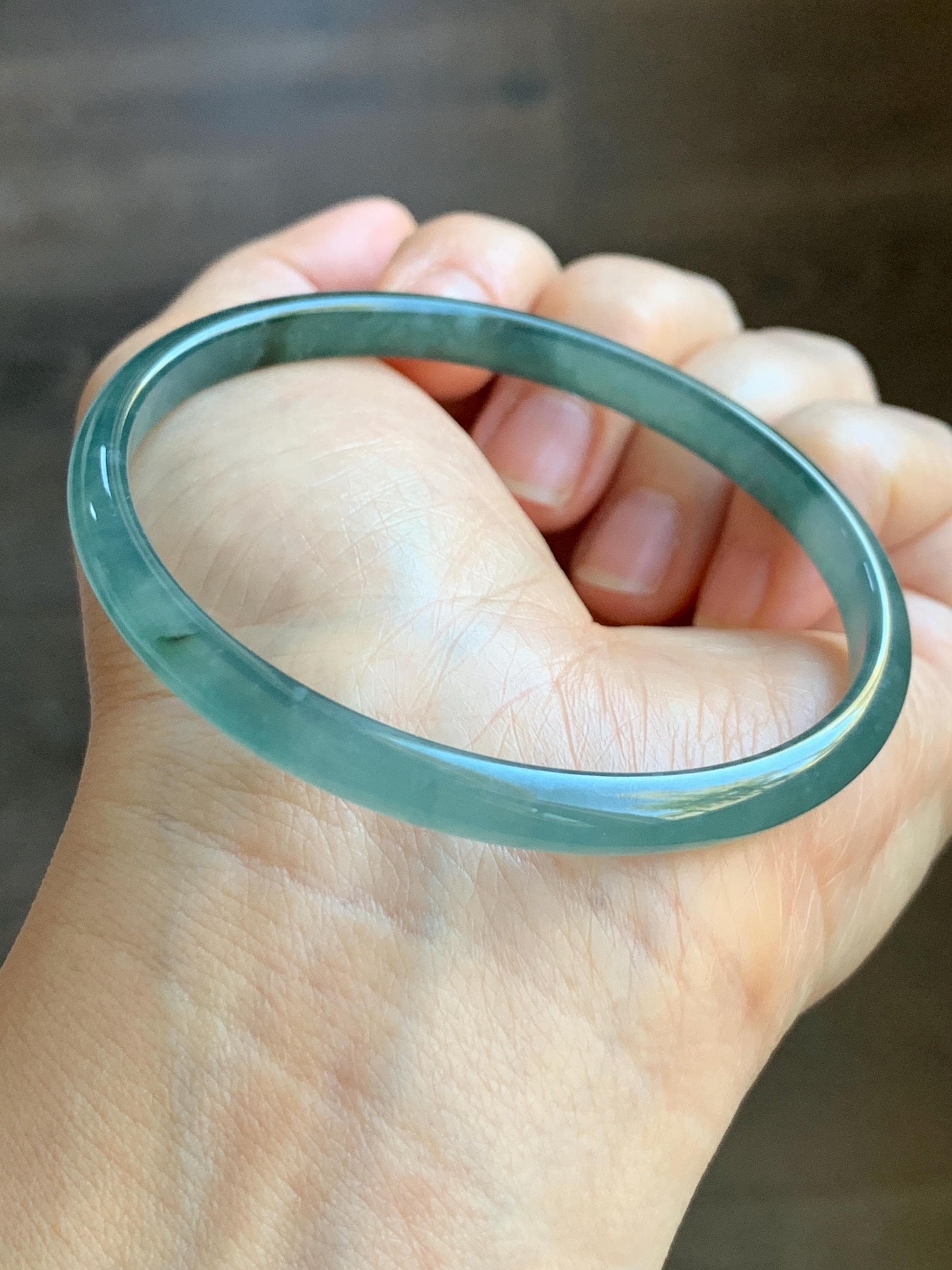 Certified Natural Grade A Guatemalan Icy Highly Translucent Gelatinous Teal Blue Jadeite Slim Bangle 61mm 16.59g 天然老种冰胶危蓝飘花翡翠细条手镯 1131