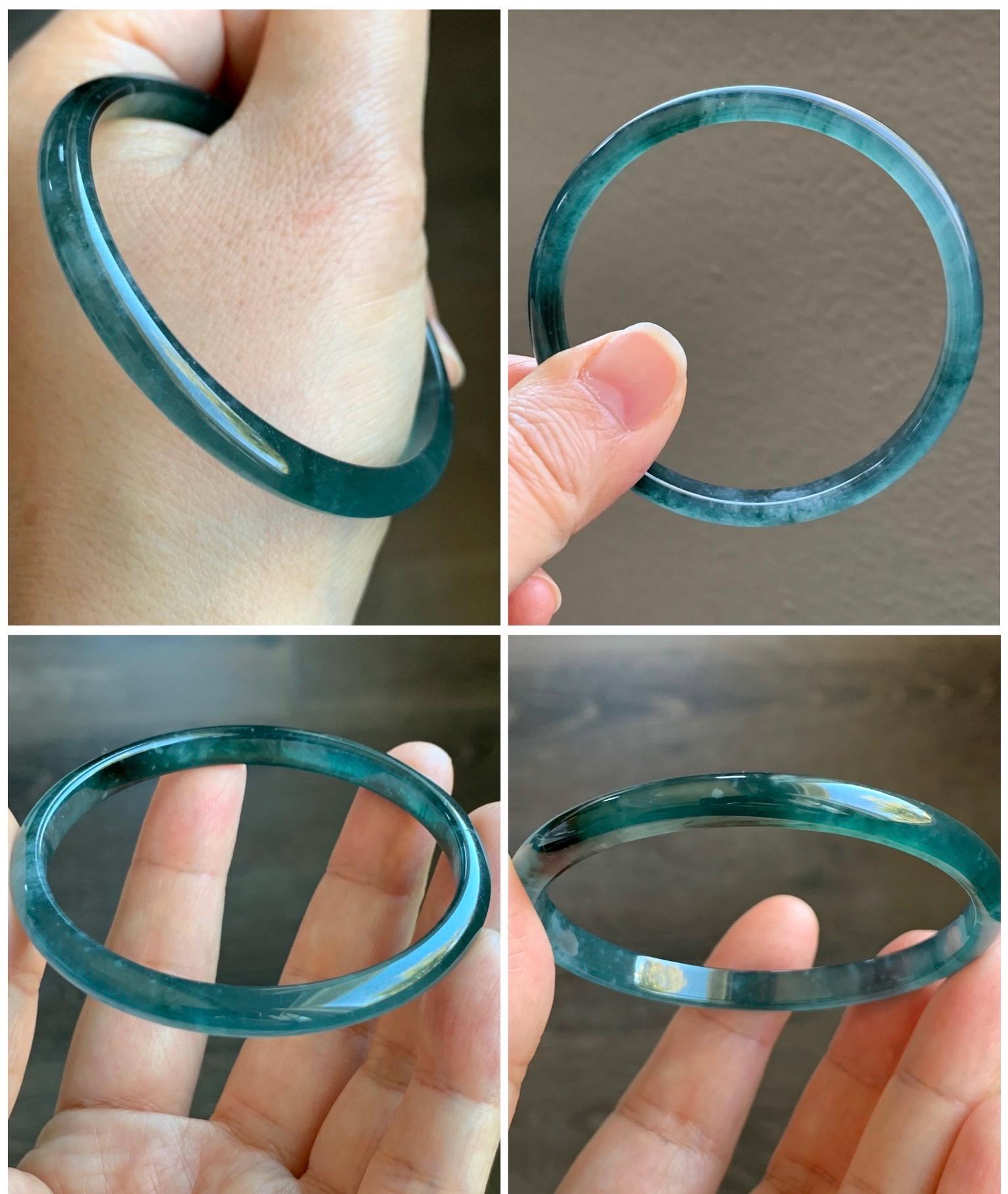 Certified Natural Guatemalan Icy Highly Translucent Gelatinous Dark Teal Blue Jadeite Slim Bangle 55.77mm 15.27g 天然老种冰胶危深蓝飘花翡翠细条手镯 1133