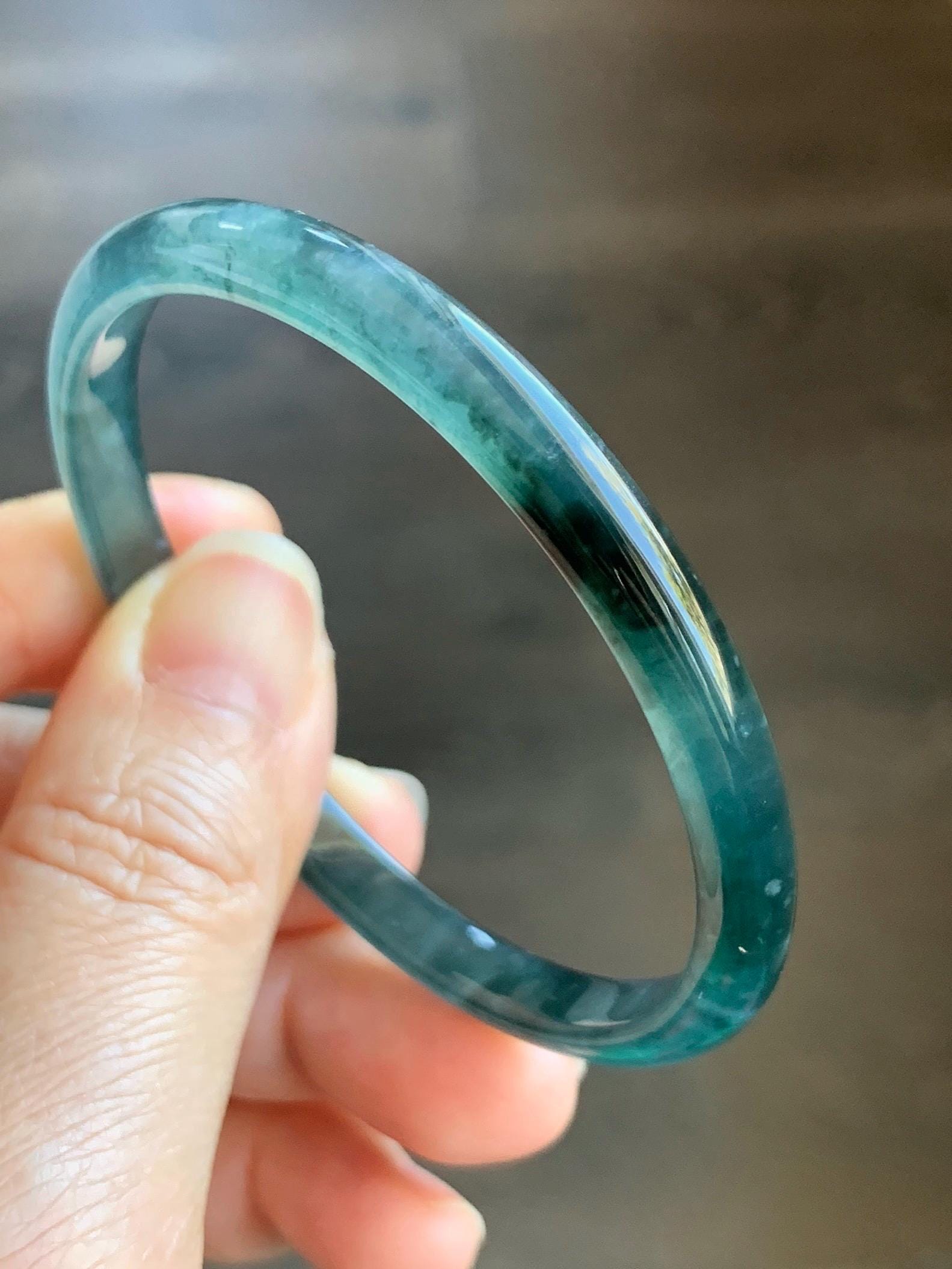 Certified Natural Guatemalan Icy Highly Translucent Gelatinous Dark Teal Blue Jadeite Slim Bangle 55.77mm 15.27g 天然老种冰胶危深蓝飘花翡翠细条手镯 1133