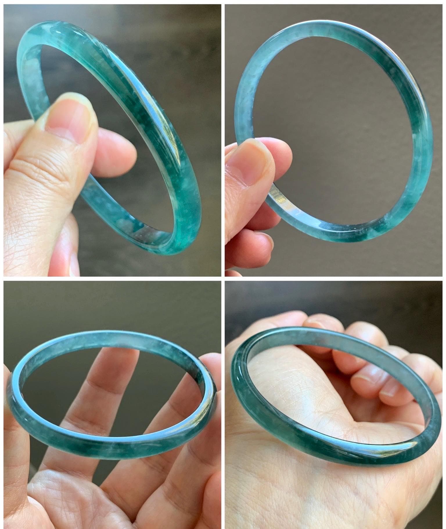 Certified Natural Grade A Guatemalan Icy Highly Translucent Gelatinous Teal Blue Jadeite Slim Bangle 58.8mm 16.35g 天然老种冰胶危蓝飘花翡翠细条手镯 1135