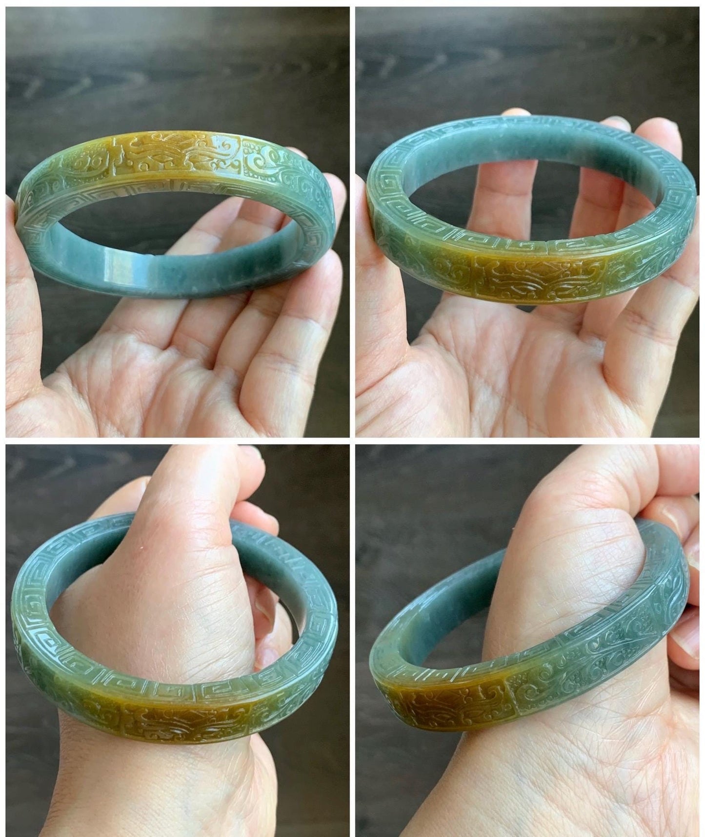 Certified Natural Guatemalan Icy Translucent Dusty Blue Dark Yellow Marbled Jadeite Carved Square Edged Bangle 60mm 天然冰危蓝飘黄翡翠饕餮仿古雕方镯手镯 1144