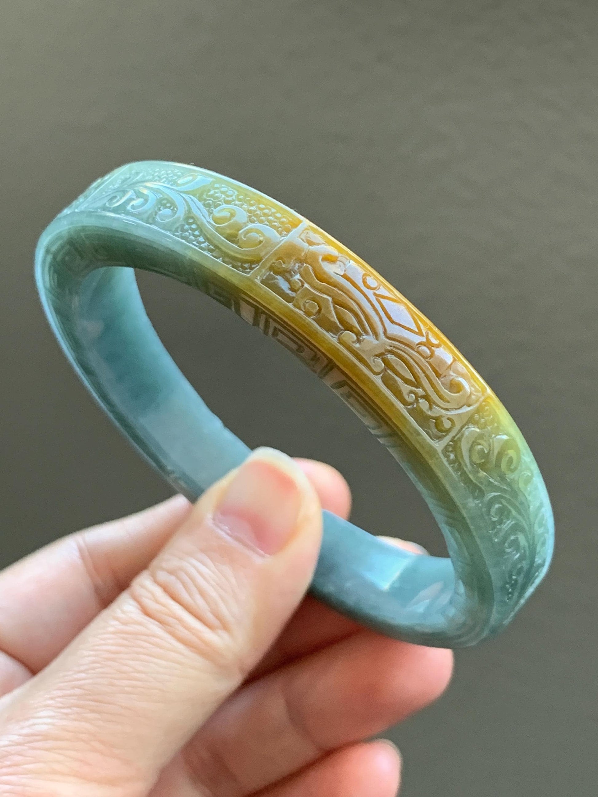Certified Natural Guatemalan Icy Translucent Dusty Blue Dark Yellow Marbled Jadeite Carved Square Edged Bangle 60mm 天然冰危蓝飘黄翡翠饕餮仿古雕方镯手镯 1144