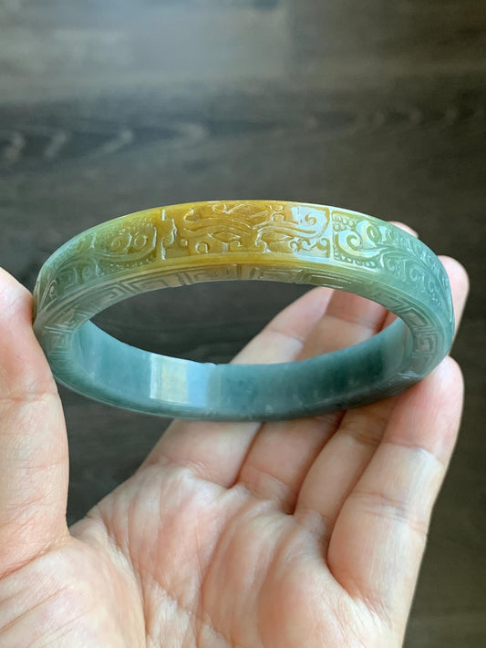 Certified Natural Guatemalan Icy Translucent Dusty Blue Dark Yellow Marbled Jadeite Carved Square Edged Bangle 60mm 天然冰危蓝飘黄翡翠饕餮仿古雕方镯手镯 1144