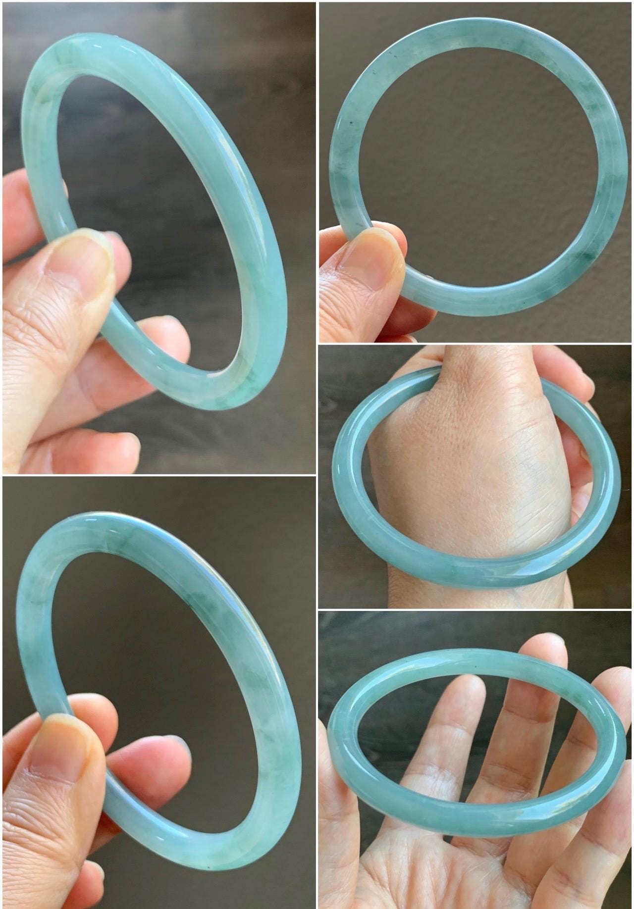 Certified Natural Grade A Guatemalan Icy Translucent Gelatinous Light Blueish Green Jadeite Bangle Bracelet 58.6mm 26.6g 天然冰胶危淡蓝绿翡翠圆条手镯 1146