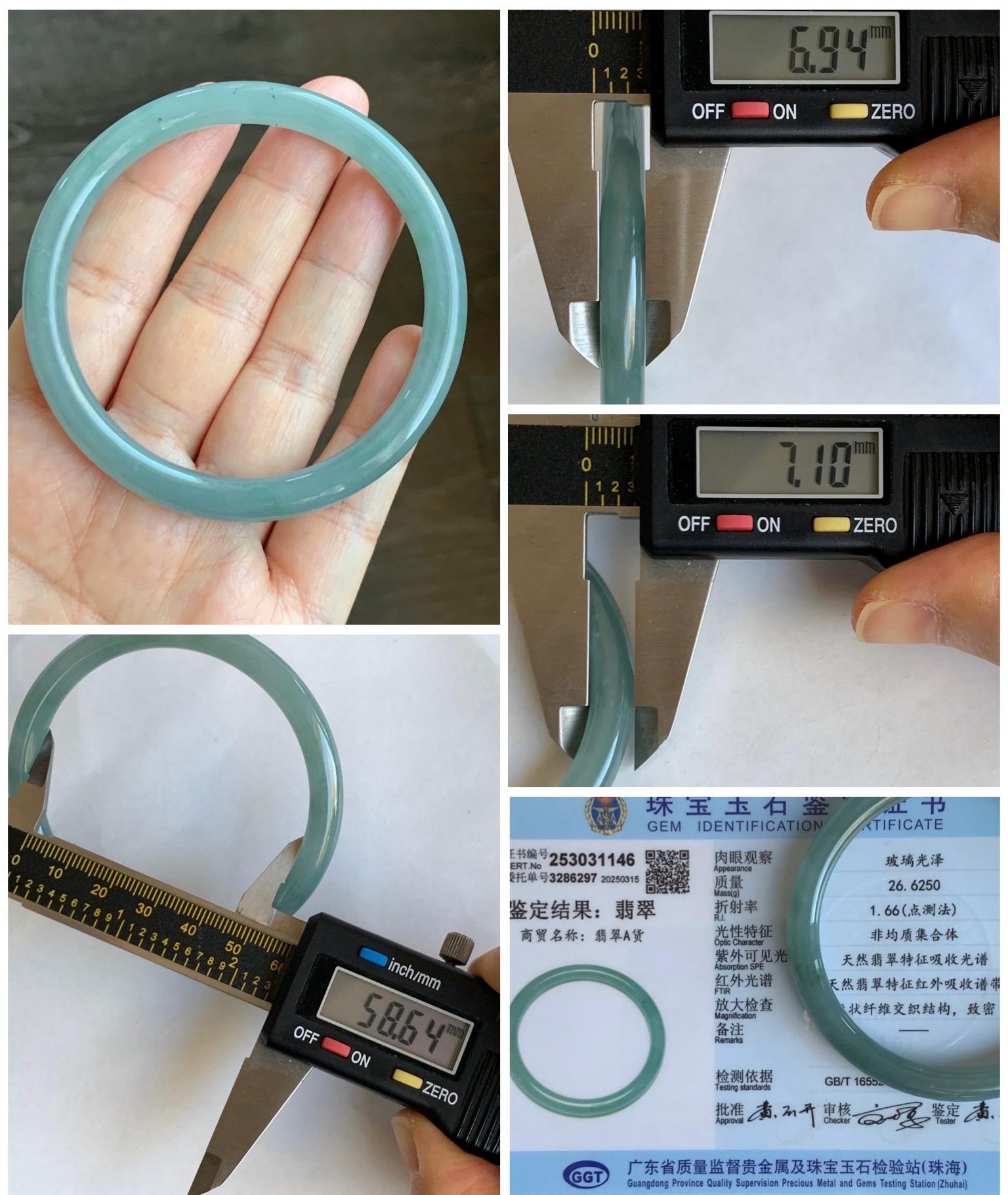 Certified Natural Grade A Guatemalan Icy Translucent Gelatinous Light Blueish Green Jadeite Bangle Bracelet 58.6mm 26.6g 天然冰胶危淡蓝绿翡翠圆条手镯 1146