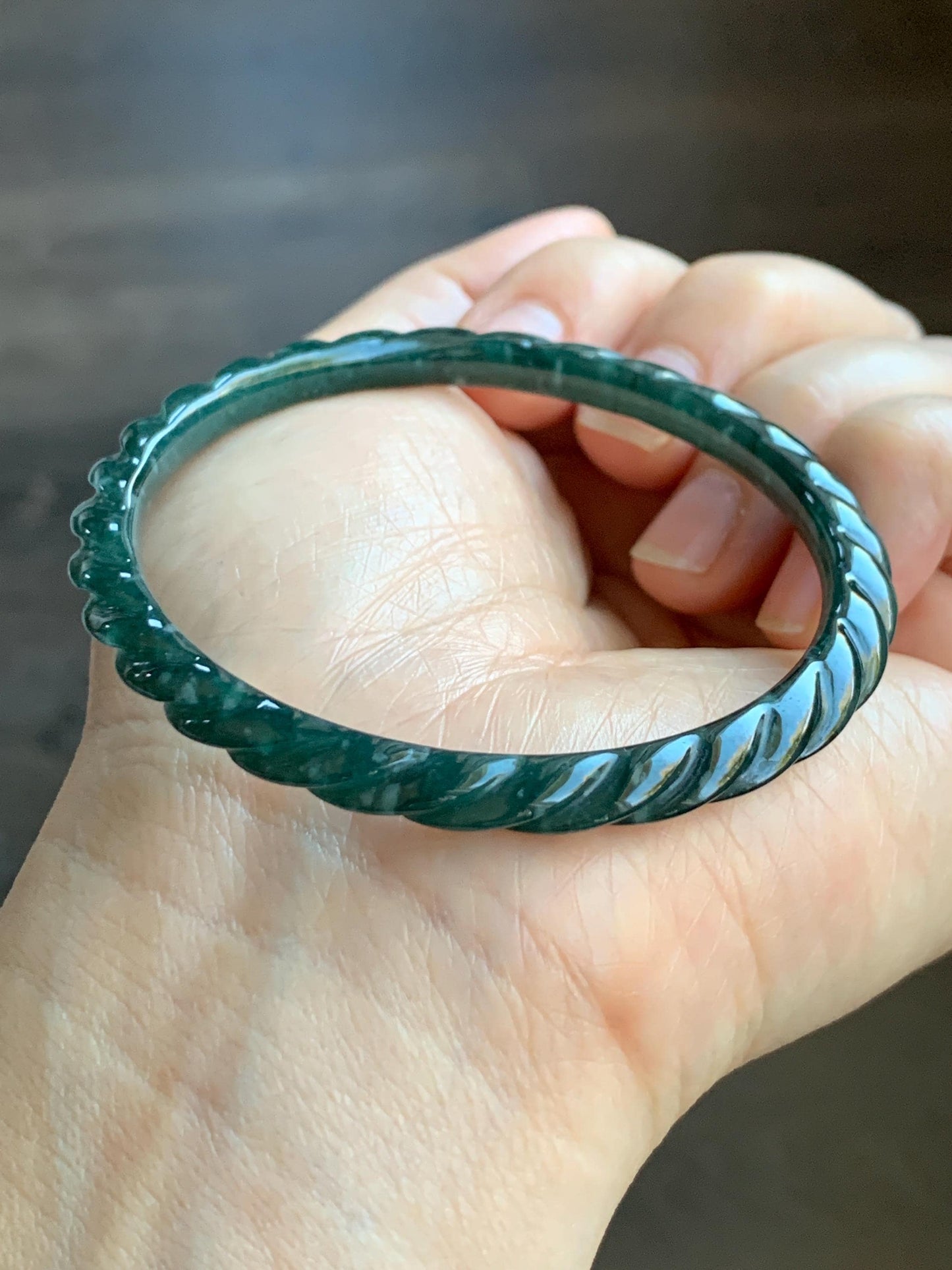 Certified Natural Grade A Icy Translucent Gelatinous Teal Green Jadeite Carved Braid Bangle Bracelet 55.88mm 6.9” 13.9g 天然冰危篮绿翡翠麻花手镯 1141