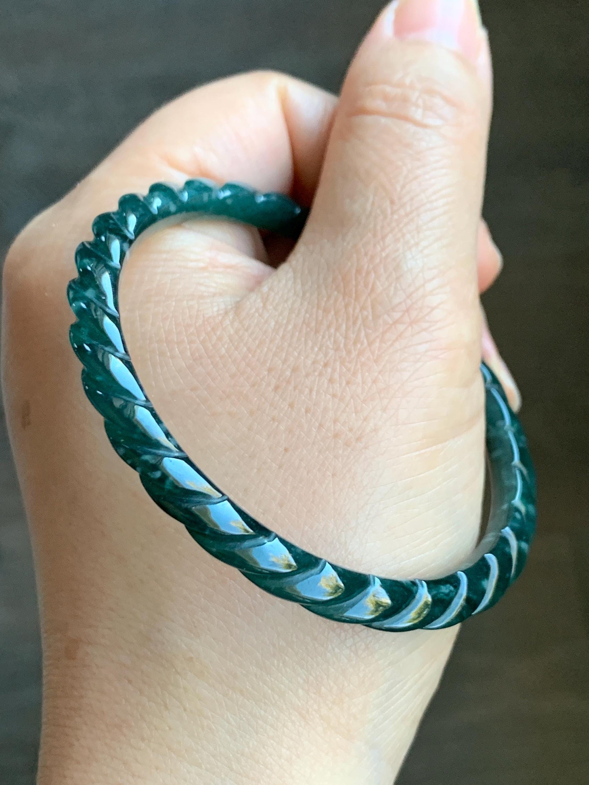Certified Natural Grade A Icy Translucent Gelatinous Teal Green Jadeite Carved Braid Bangle Bracelet 55.88mm 6.9” 13.9g 天然冰危篮绿翡翠麻花手镯 1141