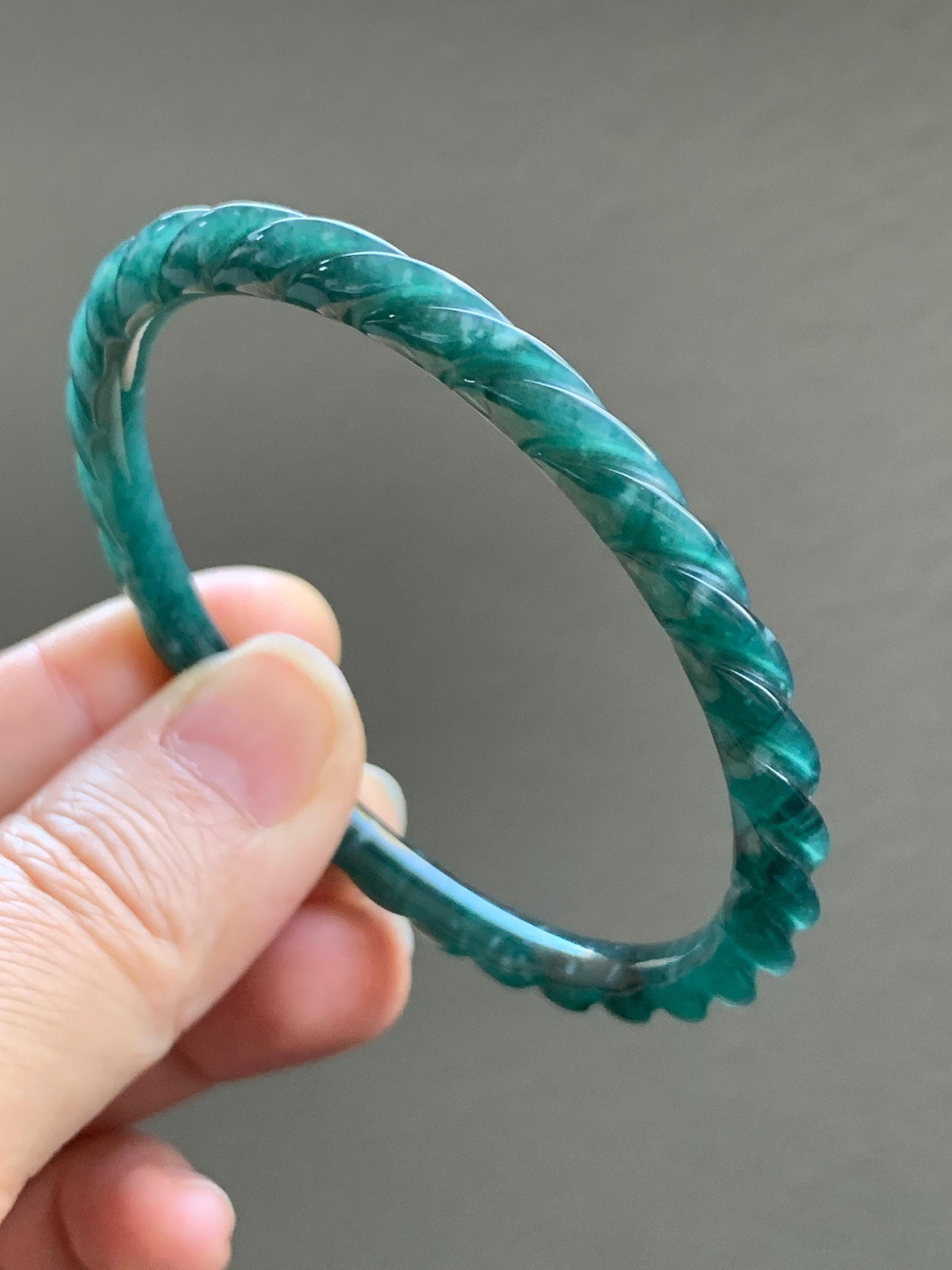 Certified Natural Grade A Icy Translucent Gelatinous Teal Green Jadeite Carved Braid Bangle Bracelet 55.88mm 6.9” 13.9g 天然冰危篮绿翡翠麻花手镯 1141