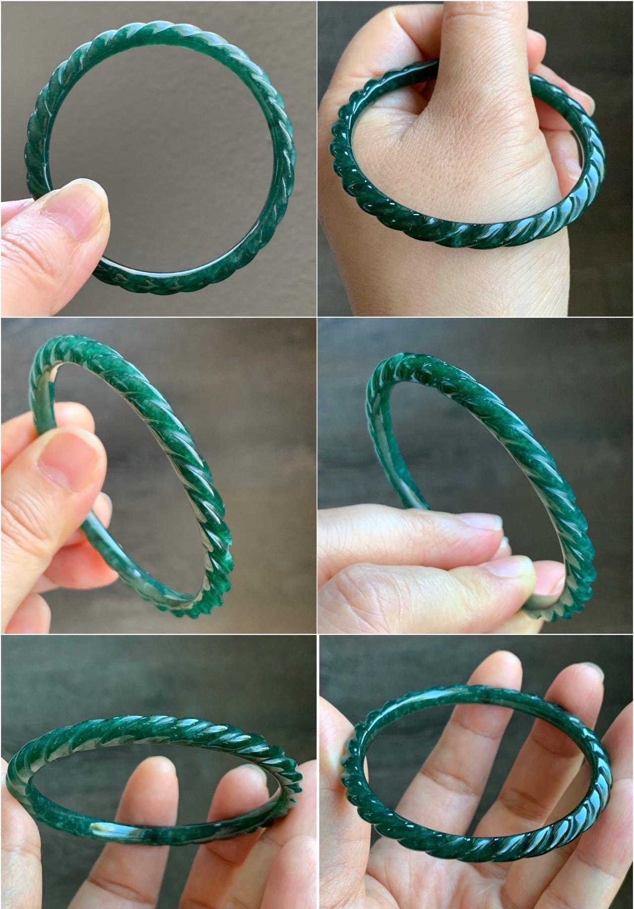 Certified Natural Grade A Icy Translucent Gelatinous Dark Green Jadeite Carved Braid Bangle Bracelet 53.79mm 6.65” 12.45g 天然冰危绿翡翠麻花手镯 1142