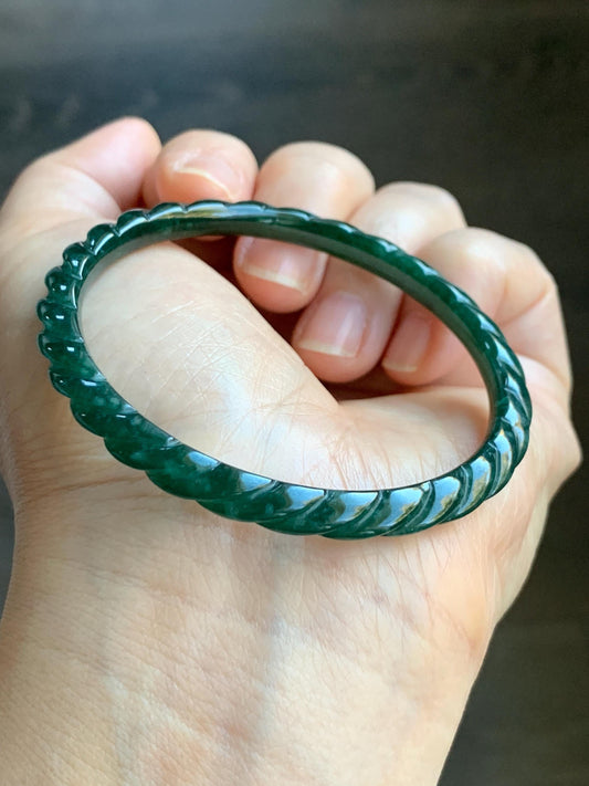 Certified Natural Grade A Icy Translucent Gelatinous Dark Green Jadeite Carved Braid Bangle Bracelet 53.79mm 6.65” 12.45g 天然冰危绿翡翠麻花手镯 1142