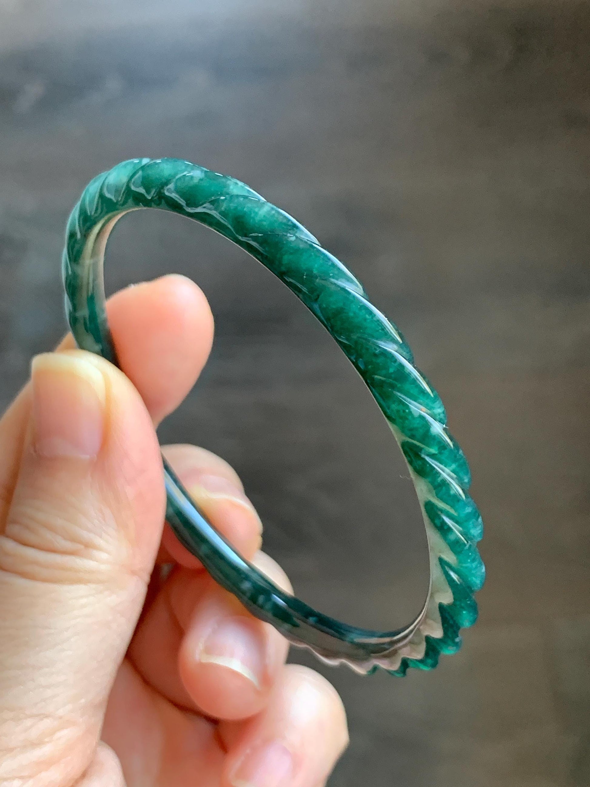 Certified Natural Grade A Icy Translucent Gelatinous Teal Green Jadeite Carved Braid Bangle Bracelet 58mm 7.15” 13.29g 天然冰危篮绿翡翠麻花手镯 1143