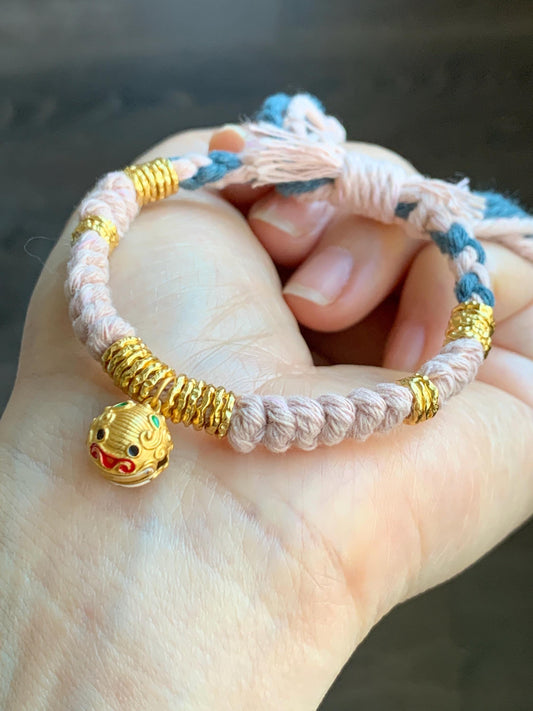 Sterling Silver Pan Chan Rings and Pixiu Charm Handcrafted Beaded Rope Fortune Bracelet Adjustable 6.75” 9g 纯银S925盘缠貔貅铃铛手工手绳