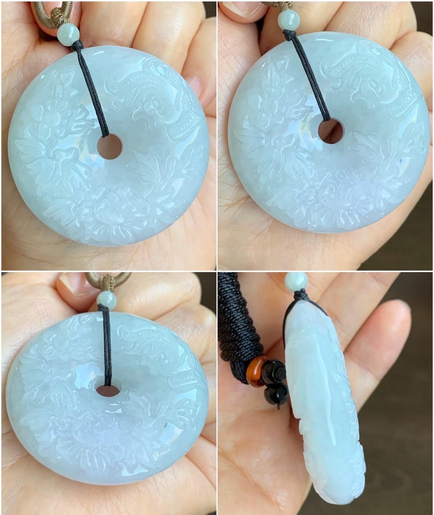 Natural Grade A Icy Translucent Pale Green Jadeite Carved Ping An Kou Donut Pendant Rope Necklace Adjustable 24" 天然糯冰翡翠花开富贵双面雕平安扣吊坠 DLW411