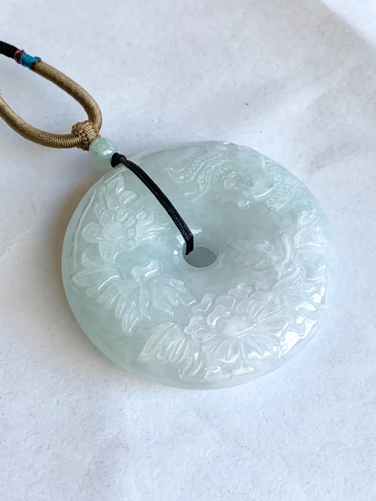 Natural Grade A Icy Translucent Pale Green Jadeite Carved Ping An Kou Donut Pendant Rope Necklace Adjustable 24" 天然糯冰翡翠花开富贵双面雕平安扣吊坠 DLW411