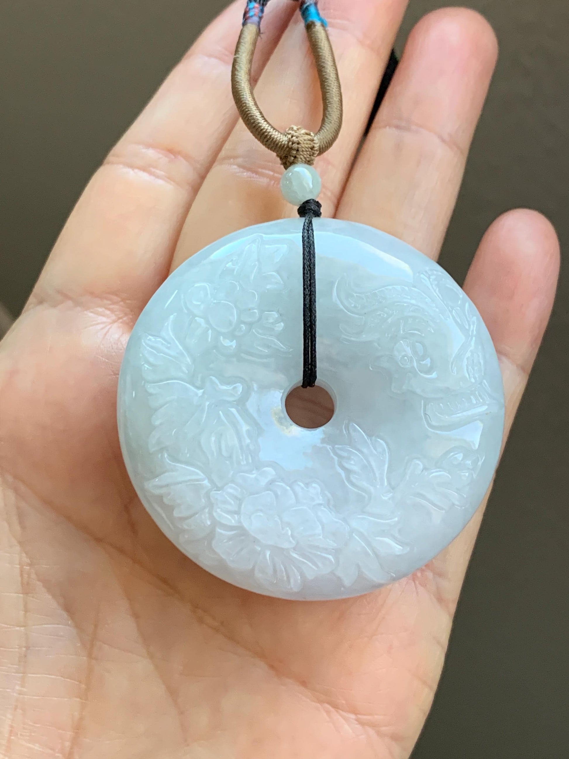 Natural Grade A Icy Translucent Pale Green Jadeite Carved Ping An Kou Donut Pendant Rope Necklace Adjustable 24" 天然糯冰翡翠花开富贵双面雕平安扣吊坠 DLW411