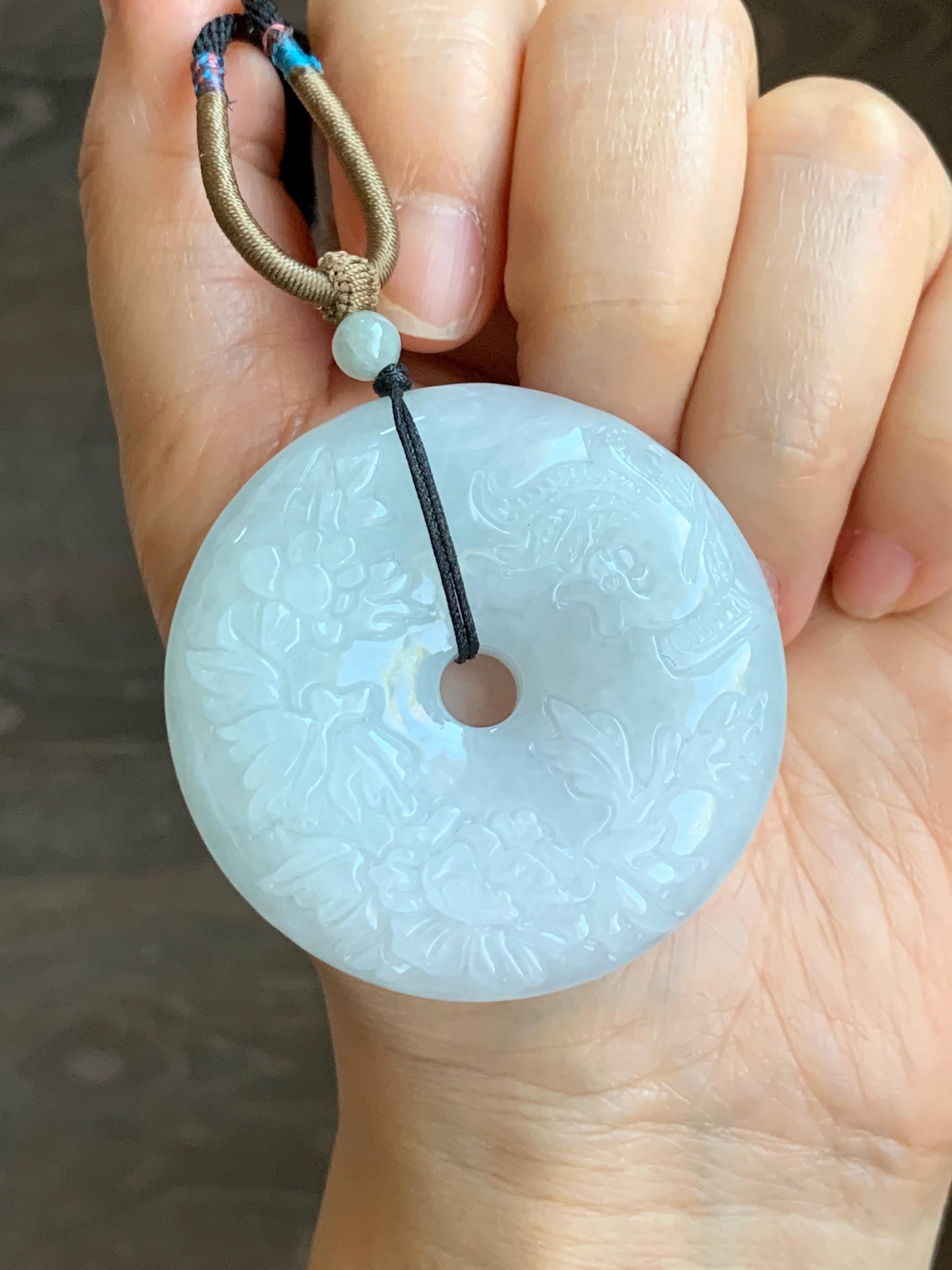 Natural Grade A Icy Translucent Pale Green Jadeite Carved Ping An Kou Donut Pendant Rope Necklace Adjustable 24" 天然糯冰翡翠花开富贵双面雕平安扣吊坠 DLW411