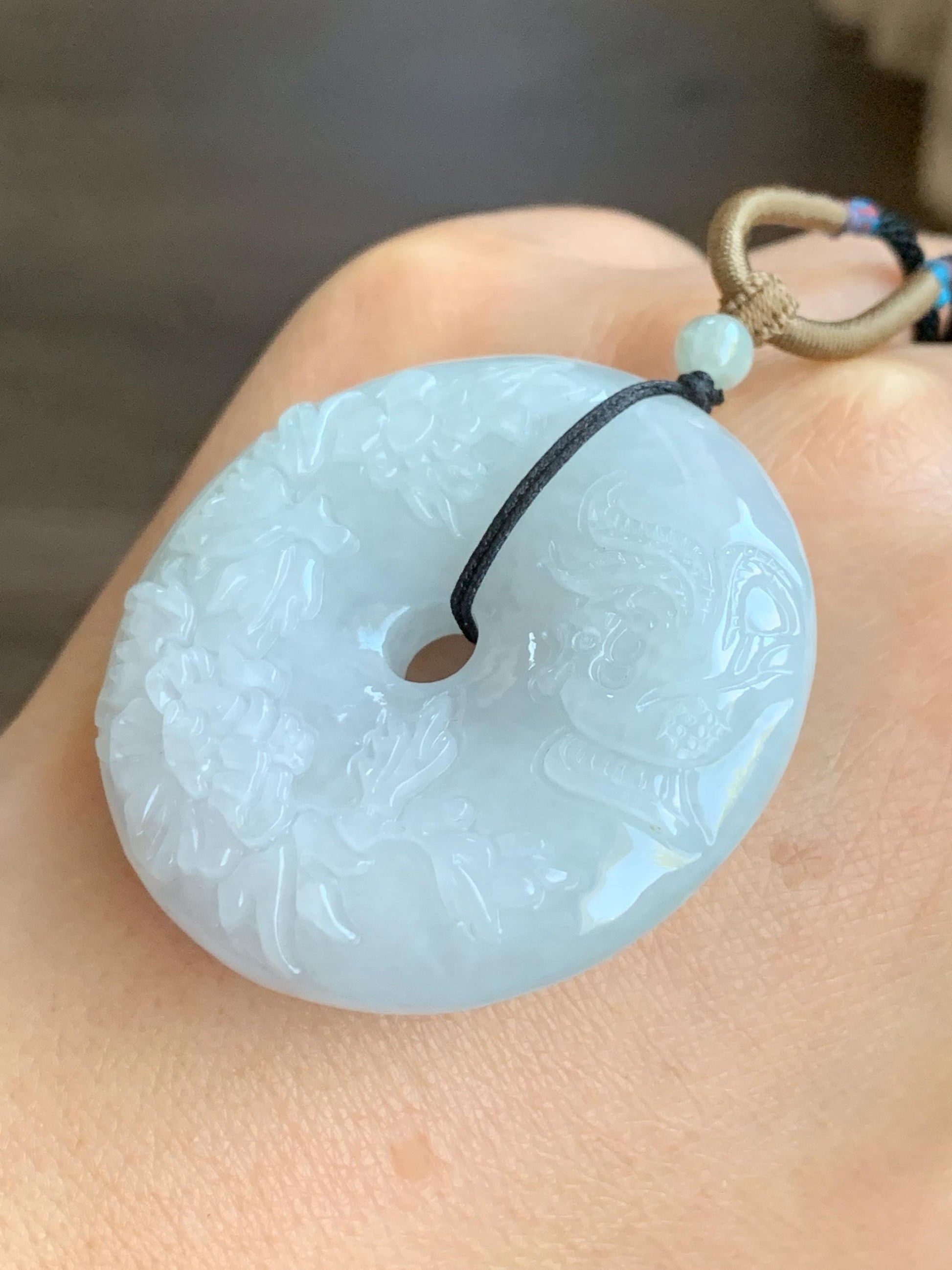 Natural Grade A Icy Translucent Pale Green Jadeite Carved Ping An Kou Donut Pendant Rope Necklace Adjustable 24" 天然糯冰翡翠花开富贵双面雕平安扣吊坠 DLW411