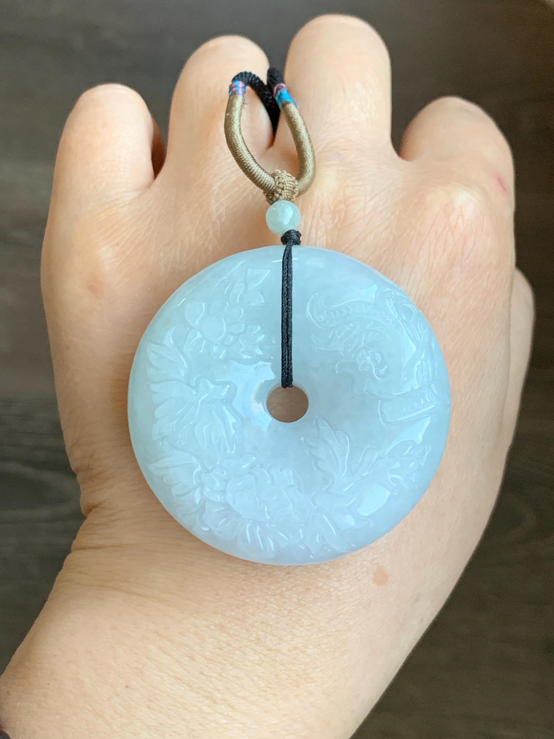 Natural Grade A Icy Translucent Pale Green Jadeite Carved Ping An Kou Donut Pendant Rope Necklace Adjustable 24" 天然糯冰翡翠花开富贵双面雕平安扣吊坠 DLW411