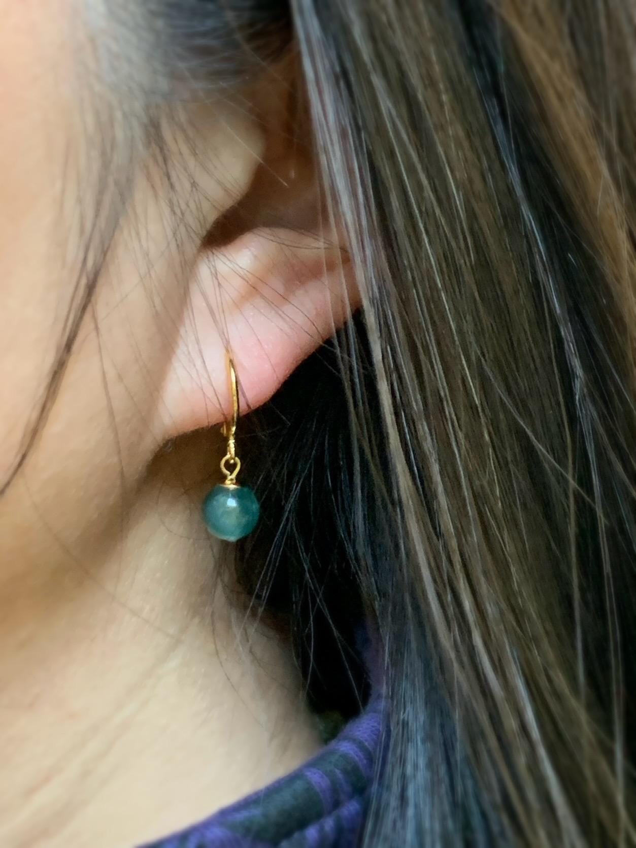 Natural Guatemalan Grade A Icy Highly Translucent Teal Green Marbled Jadeite Beads Lever Back Earrings Sterling Silver YG 天然高冰危飘花翡翠圆珠耳包 G