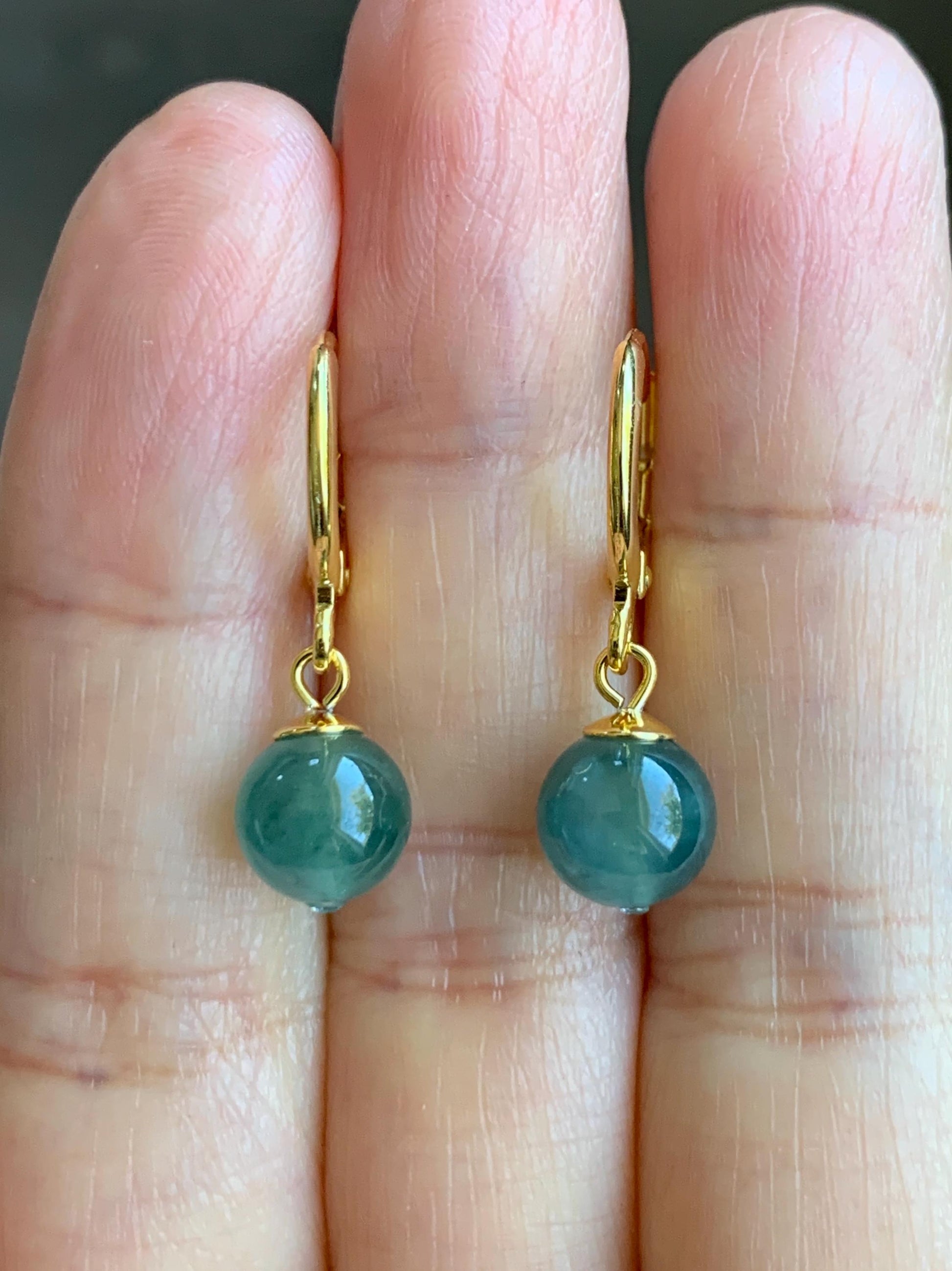 Natural Guatemalan Grade A Icy Highly Translucent Teal Green Marbled Jadeite Beads Lever Back Earrings Sterling Silver YG 天然高冰危飘花翡翠圆珠耳包 G