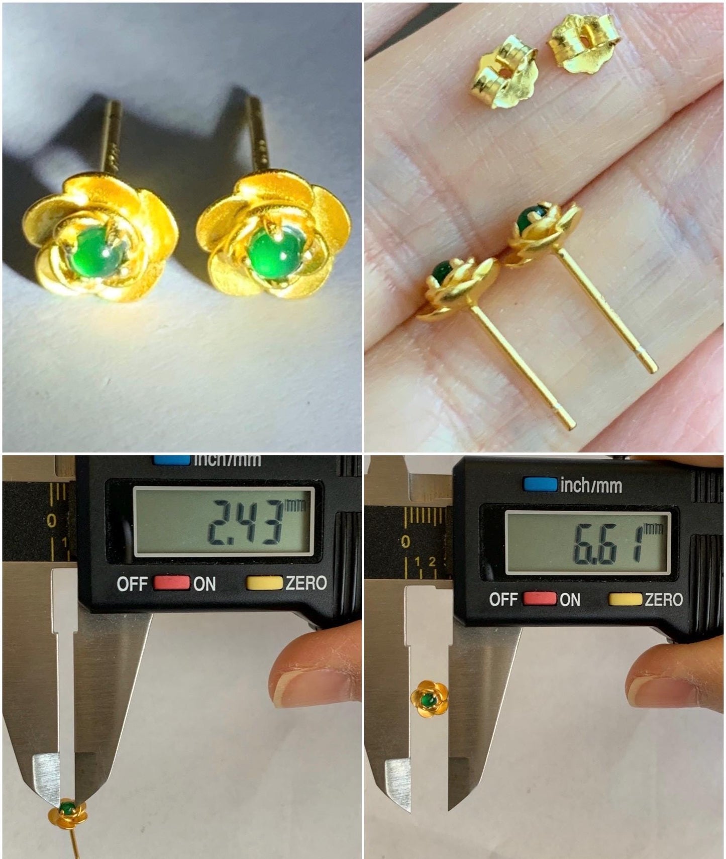 Petite Natural Grade A Guatemalan Icy Highly Translucent Vibrant Green Jadeite Flower Stud Earrings Sterling Silver YG 天然冰危绿翡翠花银耳钉 XJH55