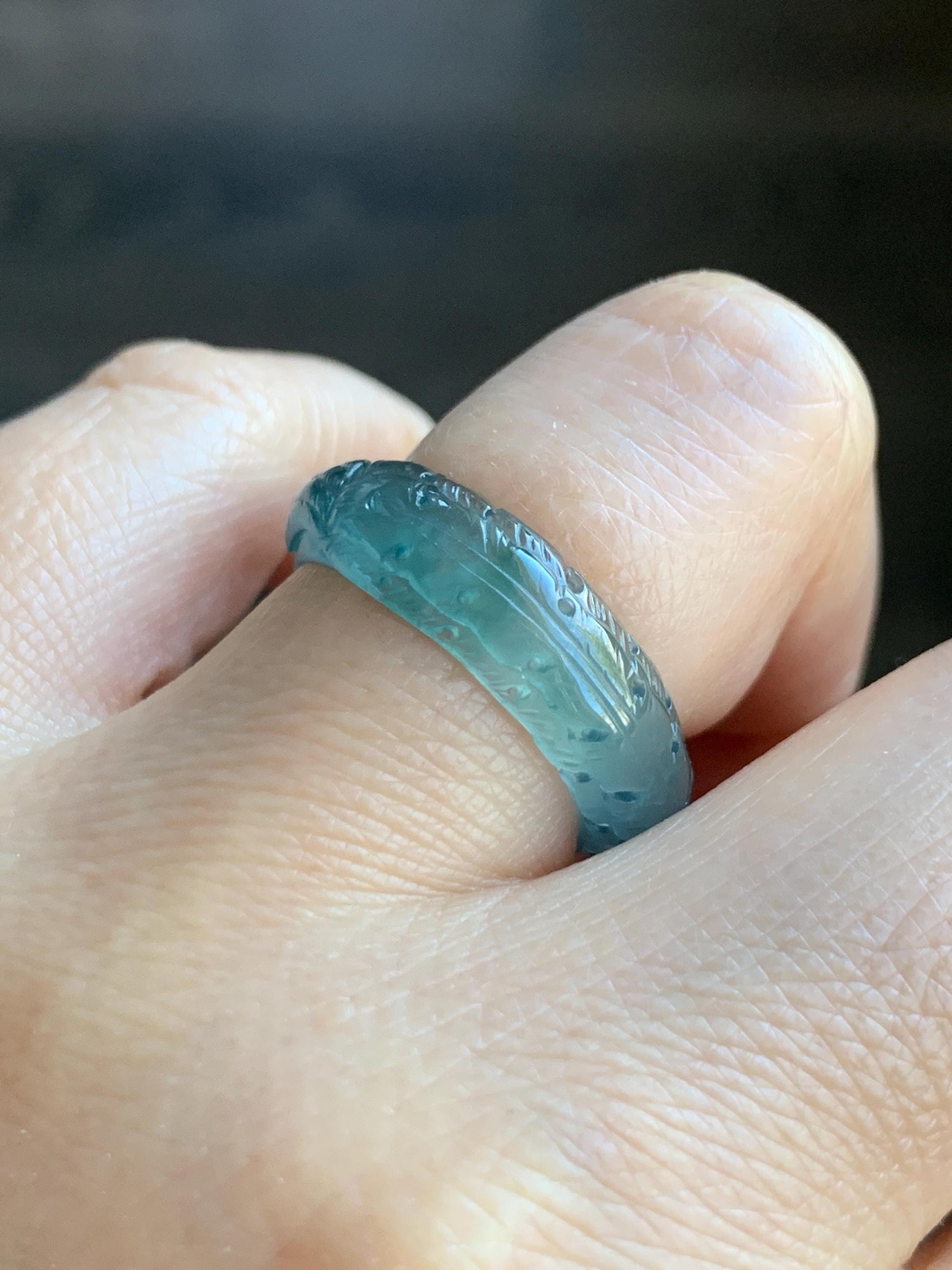 Certified Natural Guatemalan Premium Icy Highly Translucent Teal Blue Jadeite Carved Phoenix Band Ring size 7.5 US 3g 天然冰胶起光危蓝翡翠凤凰戒圈戒指 1687