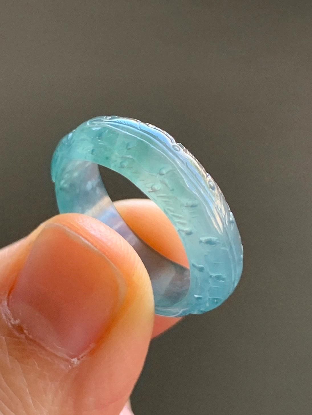 Certified Natural Guatemalan Premium Icy Highly Translucent Teal Blue Jadeite Carved Phoenix Band Ring size 7.5 US 3g 天然冰胶起光危蓝翡翠凤凰戒圈戒指 1687