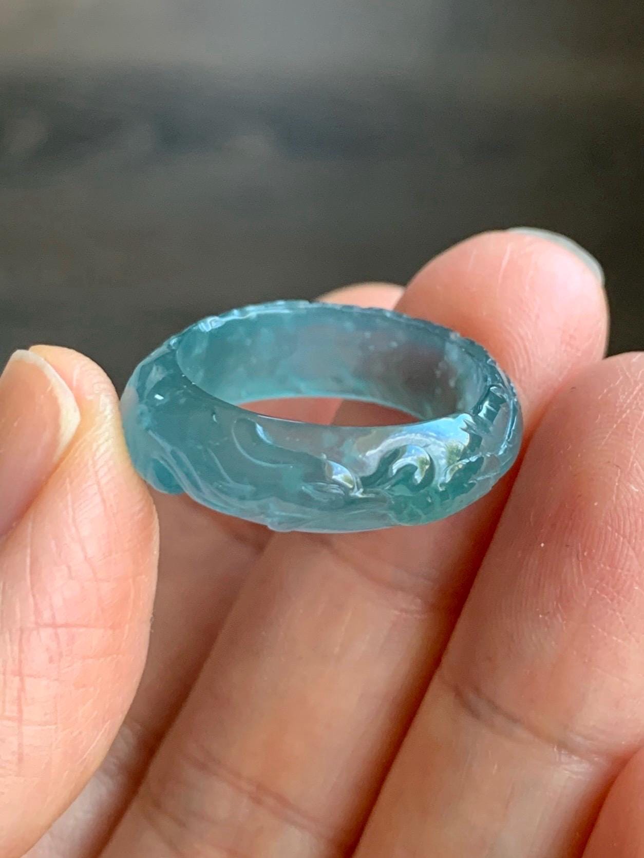 Certified Natural Guatemalan Premium Icy Highly Translucent Teal Blue Jadeite Carved Phoenix Band Ring size 7.5 US 3g 天然冰胶起光危蓝翡翠凤凰戒圈戒指 1687